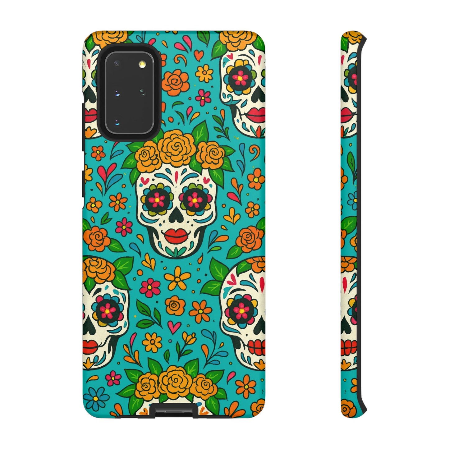 Teal Mexican Style Phone Cases With Floral Skulls - Dia De Los Muertos