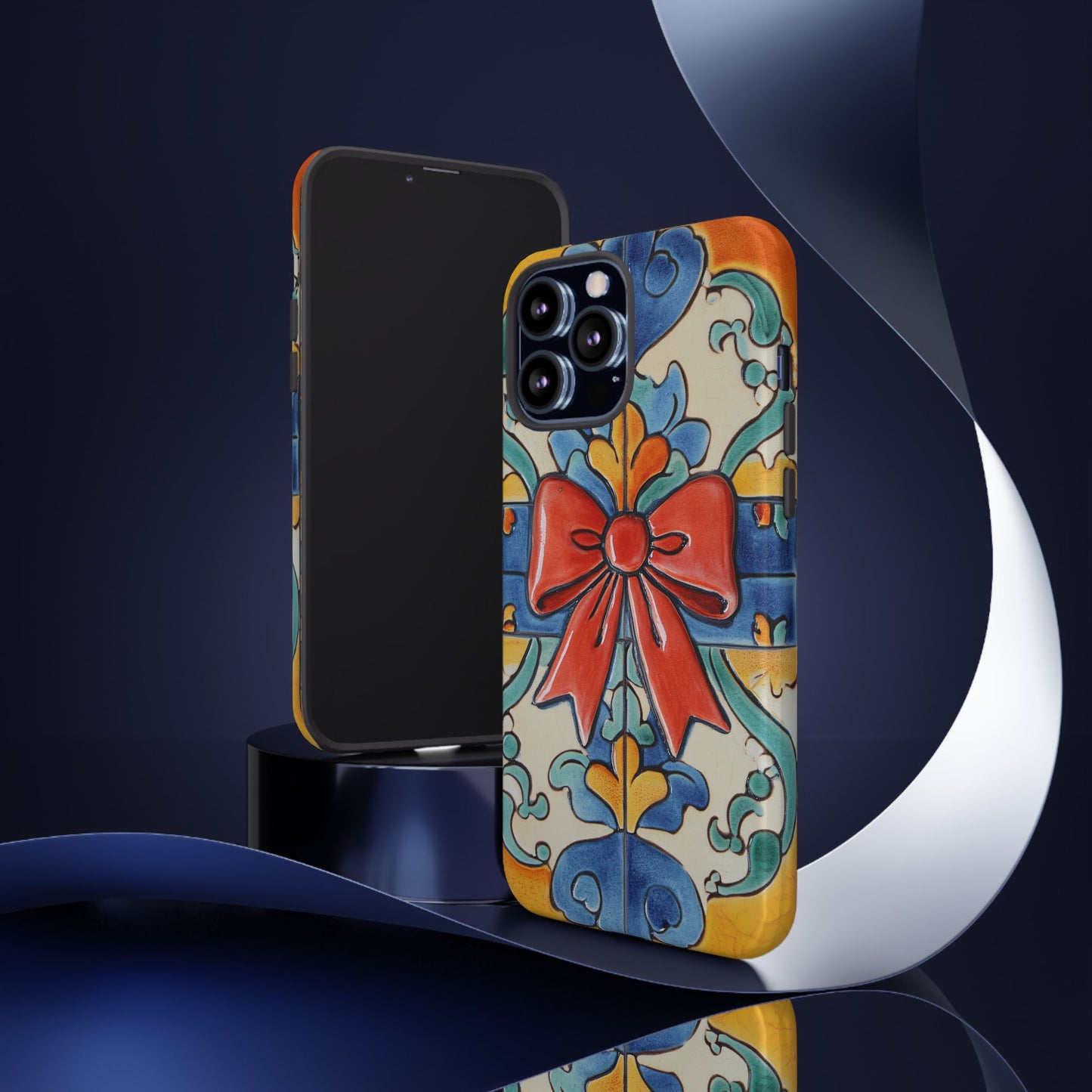 Colourful Ceramic Tile Design Phone Case With Red Bow