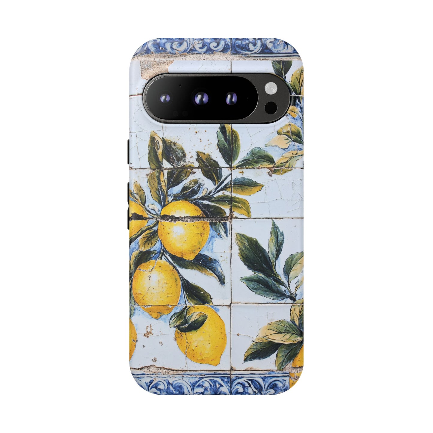 Phone Case, Coastal Tough Case With Lemons in Distressed Ceramic Tile Design, Protective Cover, Summer Accessory, Mediterranean Style iPhone