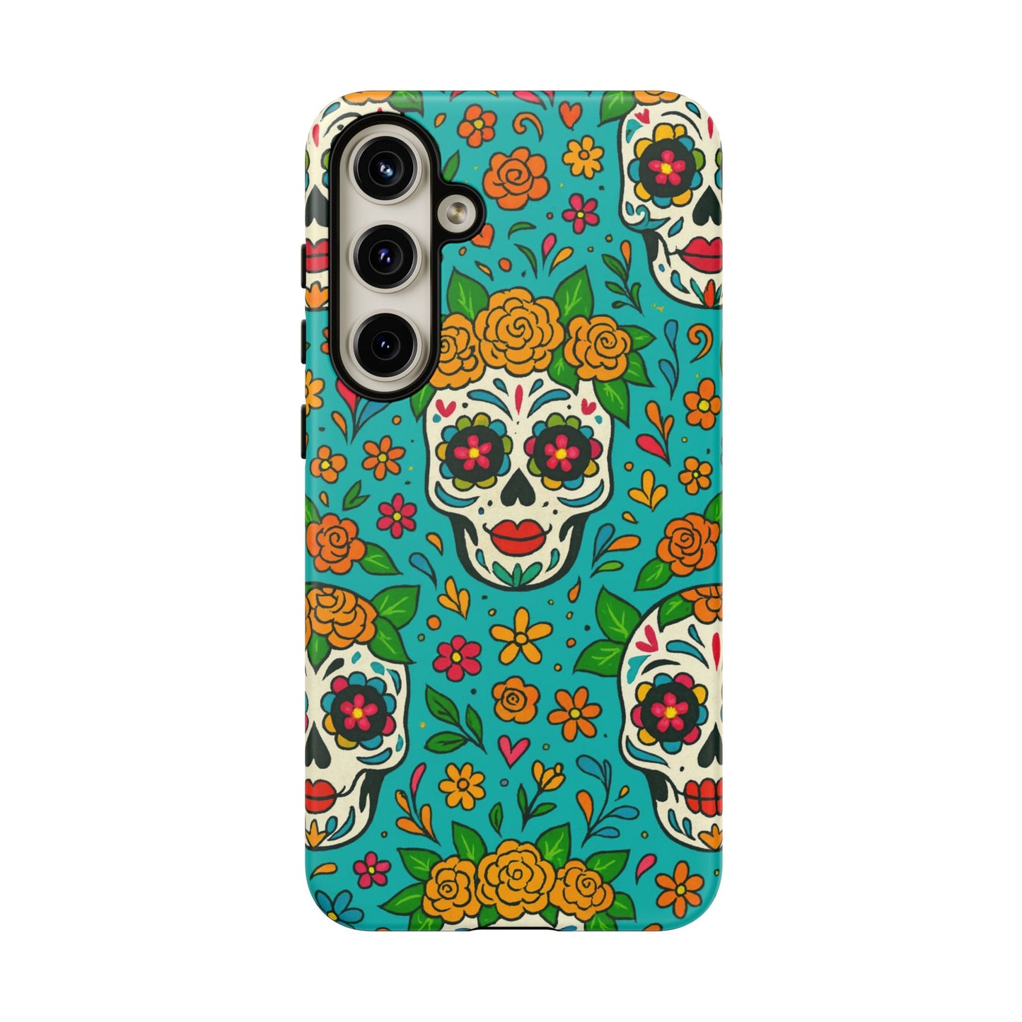 Teal Mexican Style Phone Cases With Floral Skulls - Dia De Los Muertos