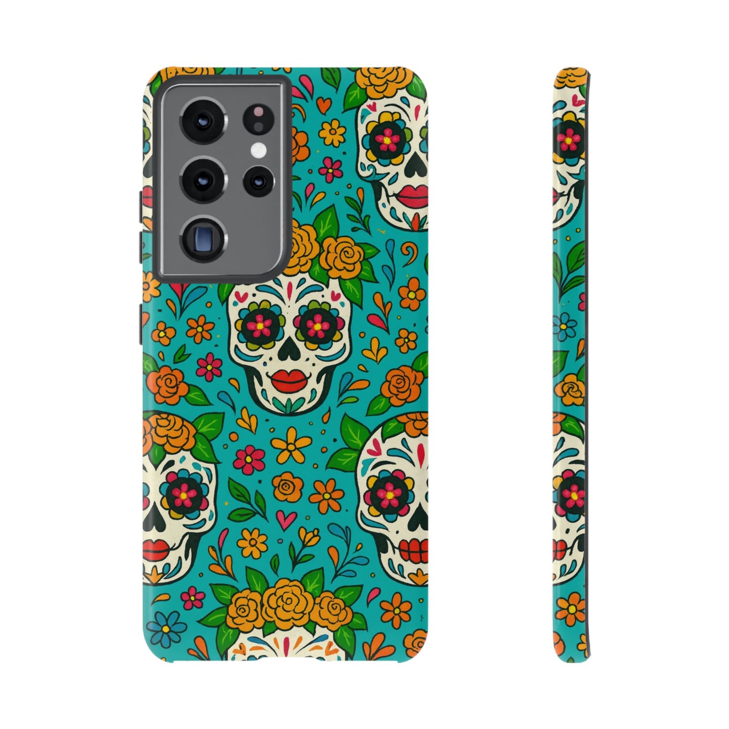 Teal Mexican Style Phone Cases With Floral Skulls - Dia De Los Muertos