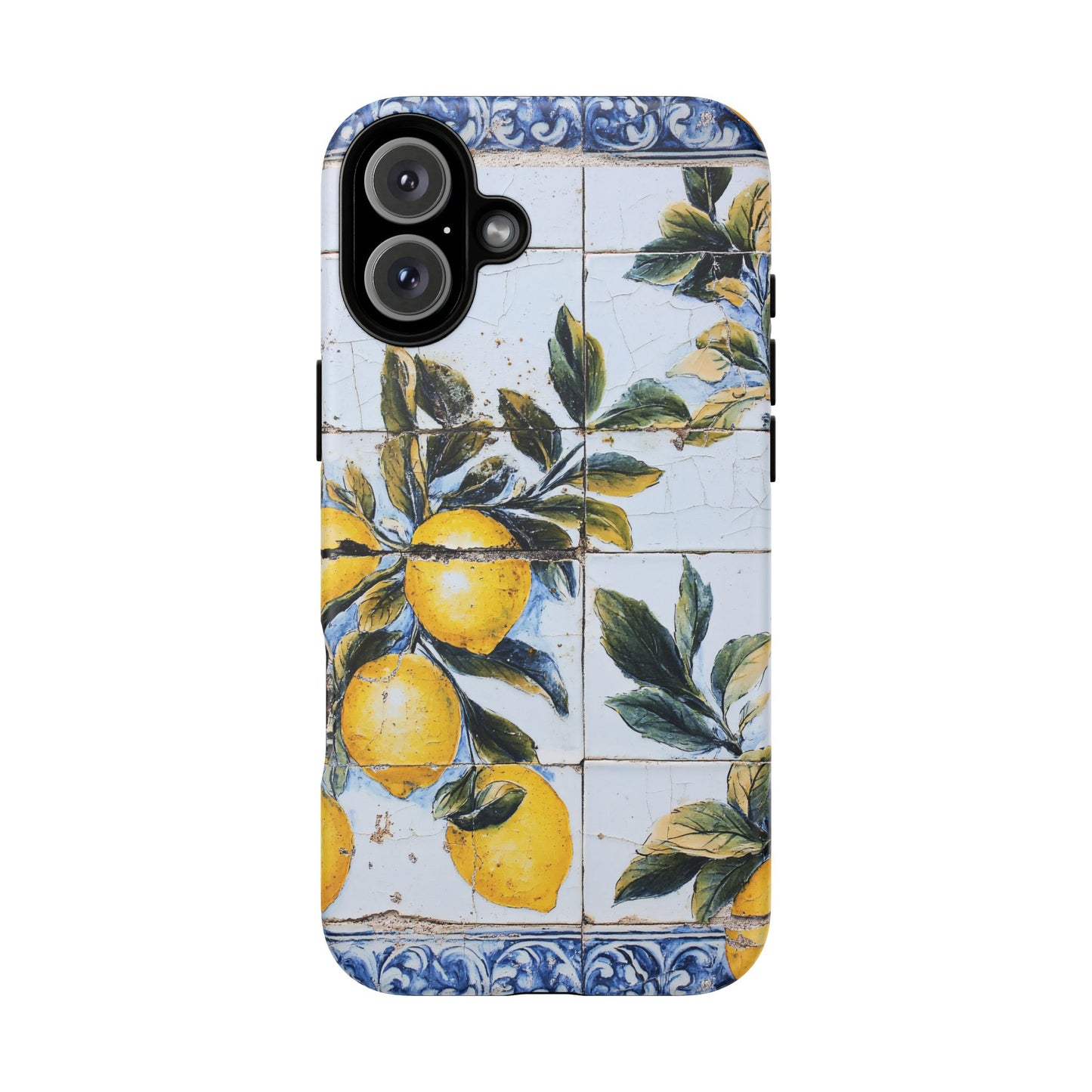 Phone Case, Coastal Tough Case With Lemons in Distressed Ceramic Tile Design, Protective Cover, Summer Accessory, Mediterranean Style iPhone