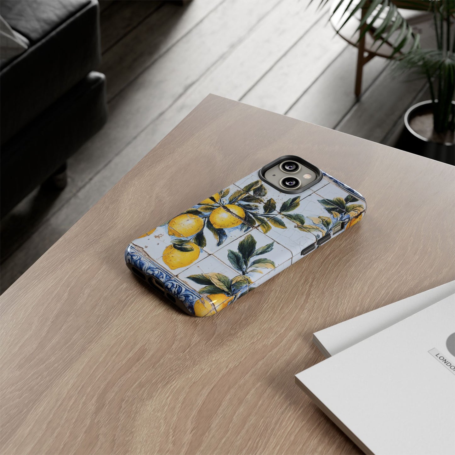Phone Case, Coastal Tough Case With Lemons in Distressed Ceramic Tile Design, Protective Cover, Summer Accessory, Mediterranean Style iPhone