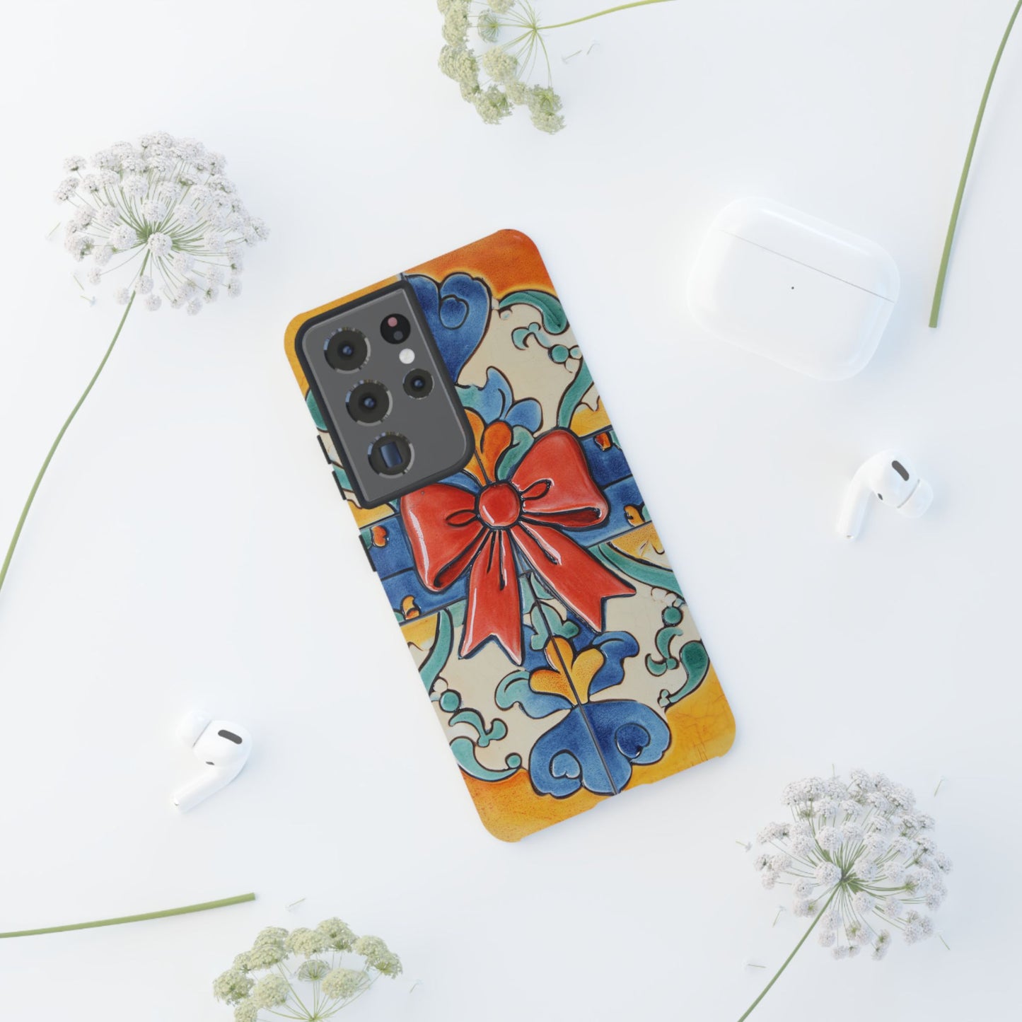 Colourful Ceramic Tile Design Phone Case With Red Bow