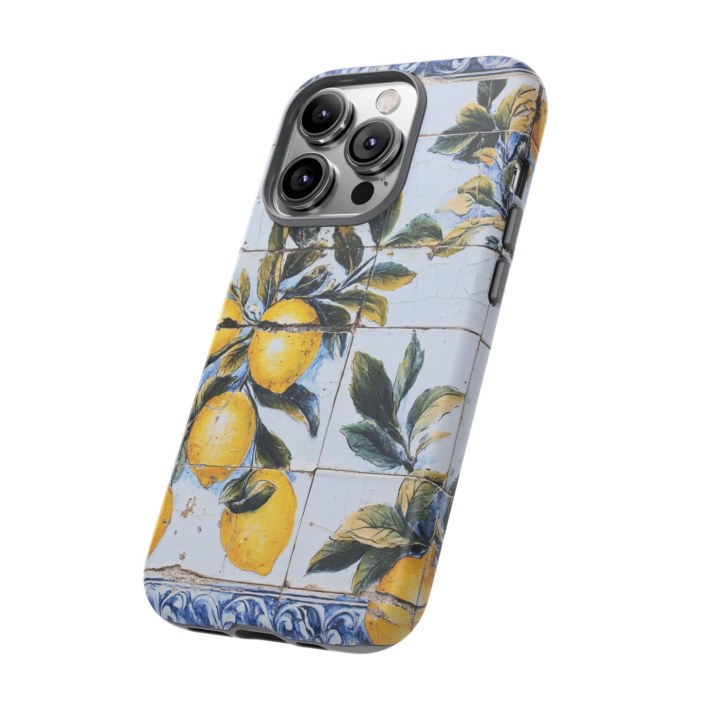 Phone Case, Coastal Tough Case With Lemons in Distressed Ceramic Tile Design, Protective Cover, Summer Accessory, Mediterranean Style iPhone