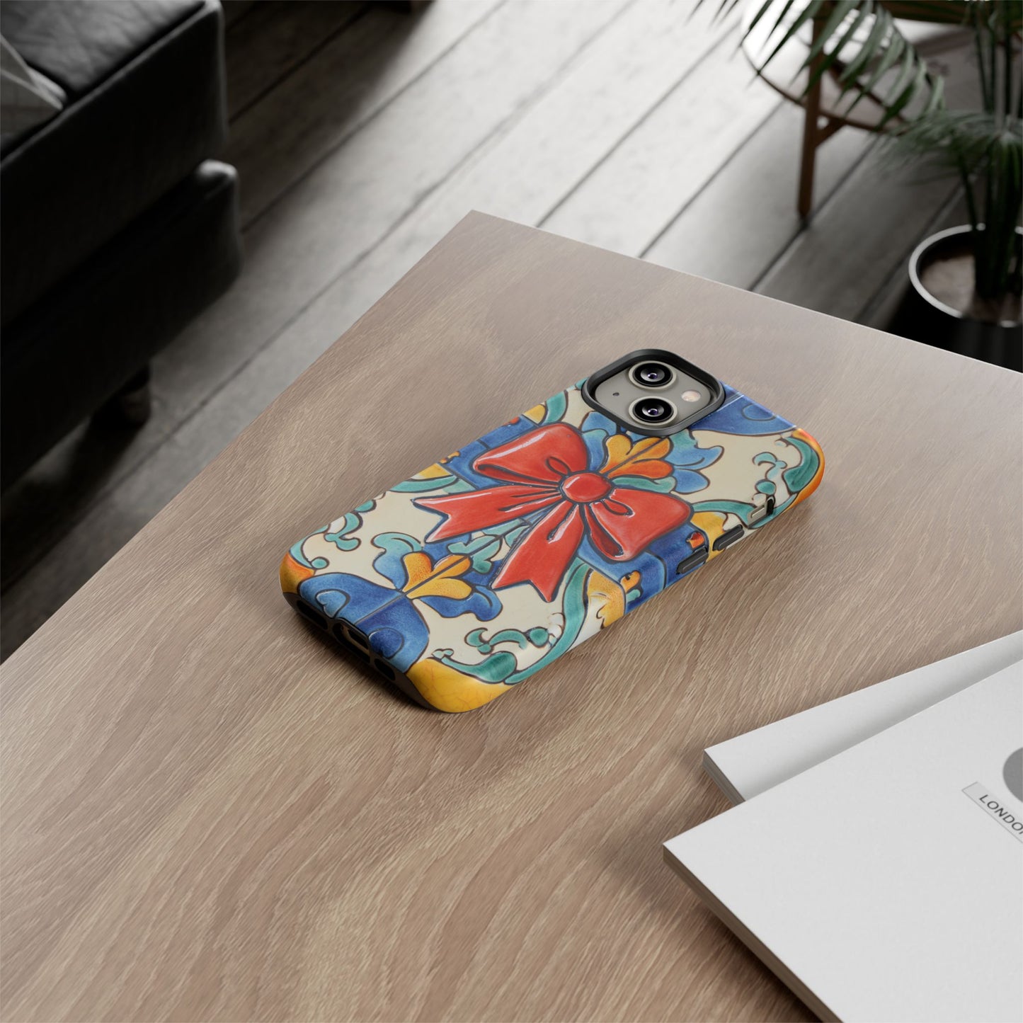 Colourful Ceramic Tile Design Phone Case With Red Bow