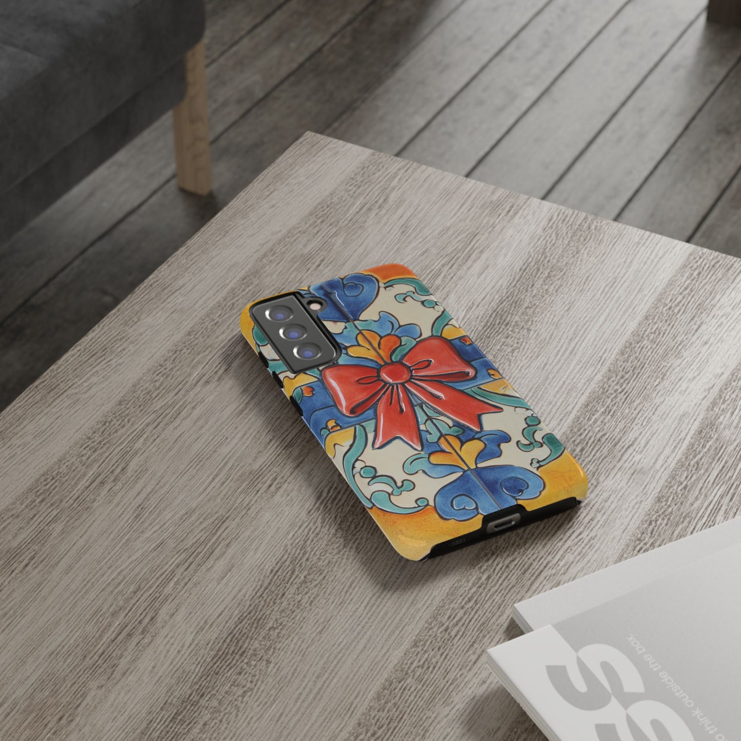Colourful Ceramic Tile Design Phone Case With Red Bow