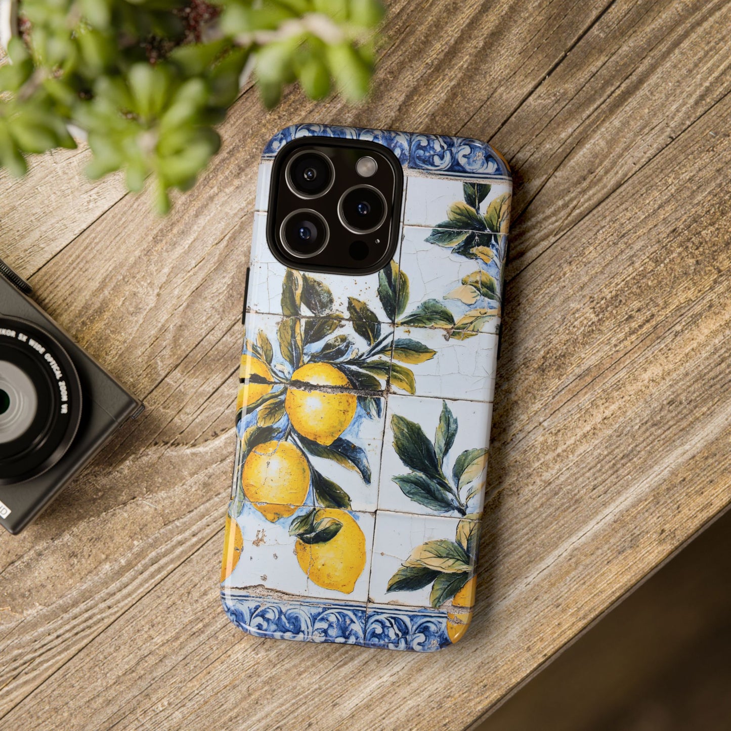Phone Case, Coastal Tough Case With Lemons in Distressed Ceramic Tile Design, Protective Cover, Summer Accessory, Mediterranean Style iPhone