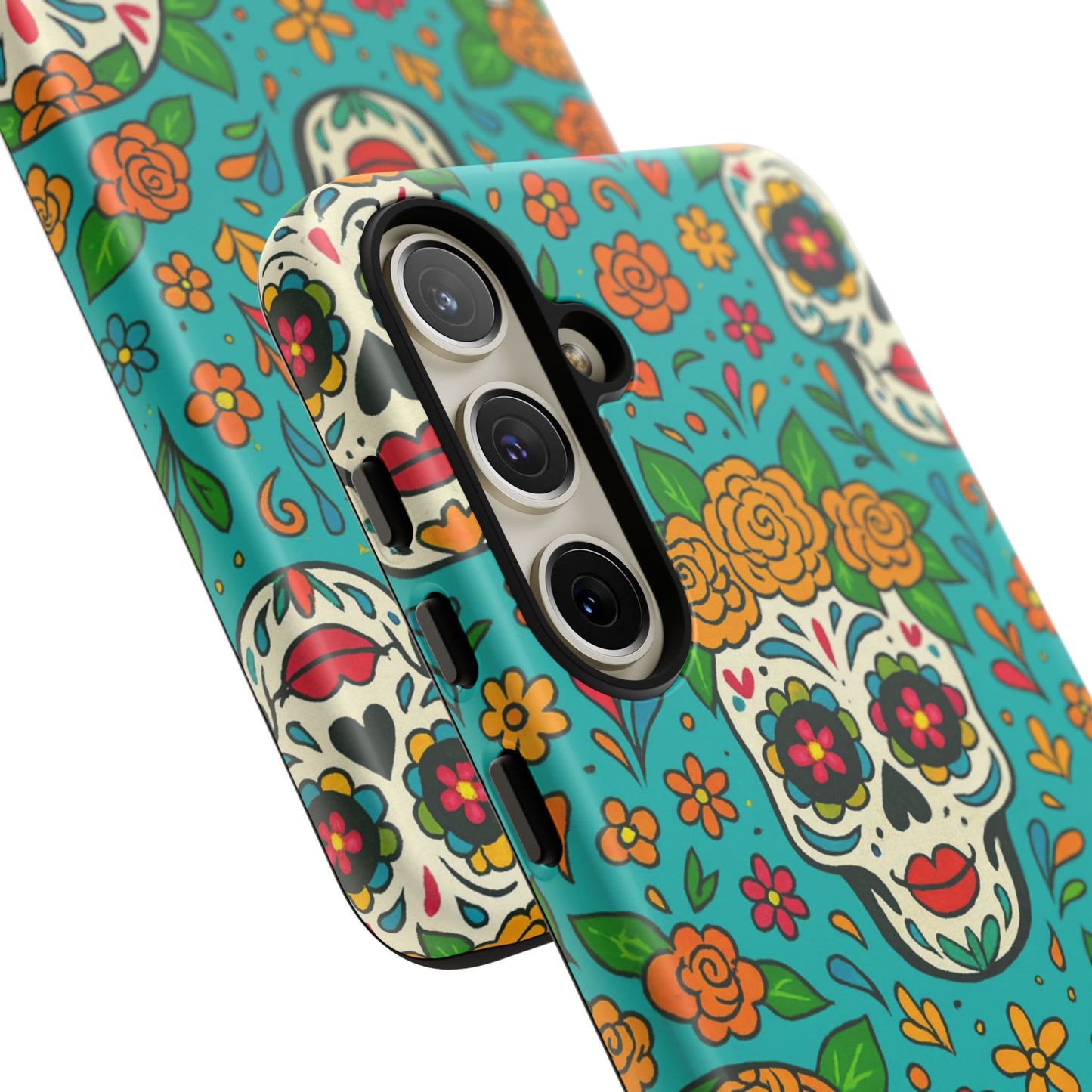 Teal Mexican Style Phone Cases With Floral Skulls - Dia De Los Muertos