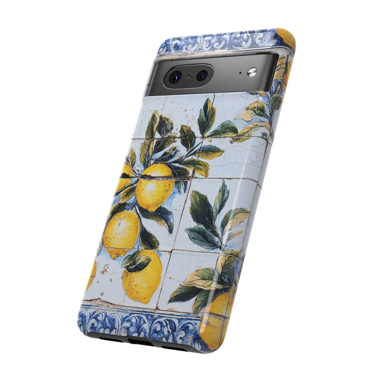 Phone Case, Coastal Tough Case With Lemons in Distressed Ceramic Tile Design, Protective Cover, Summer Accessory, Mediterranean Style iPhone
