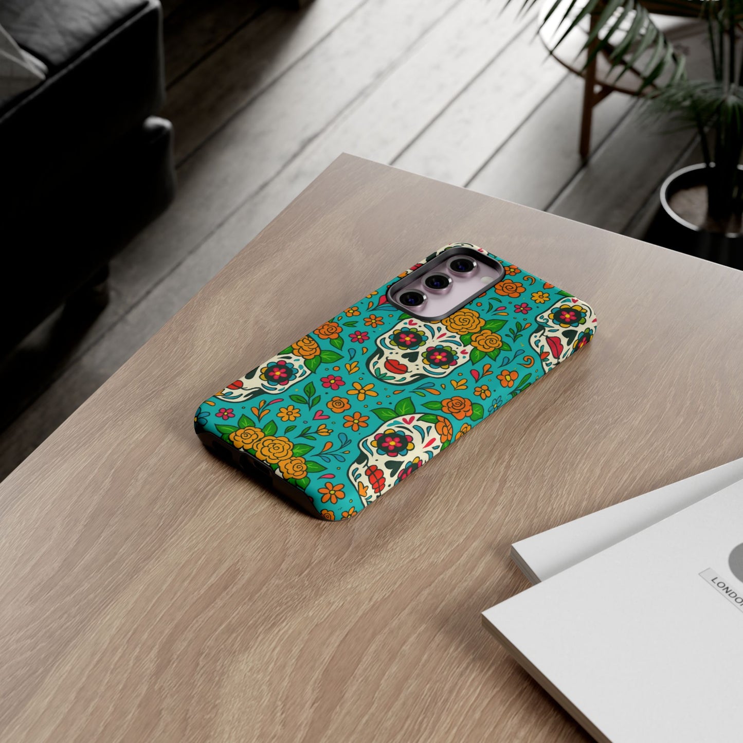 Teal Mexican Style Phone Cases With Floral Skulls - Dia De Los Muertos