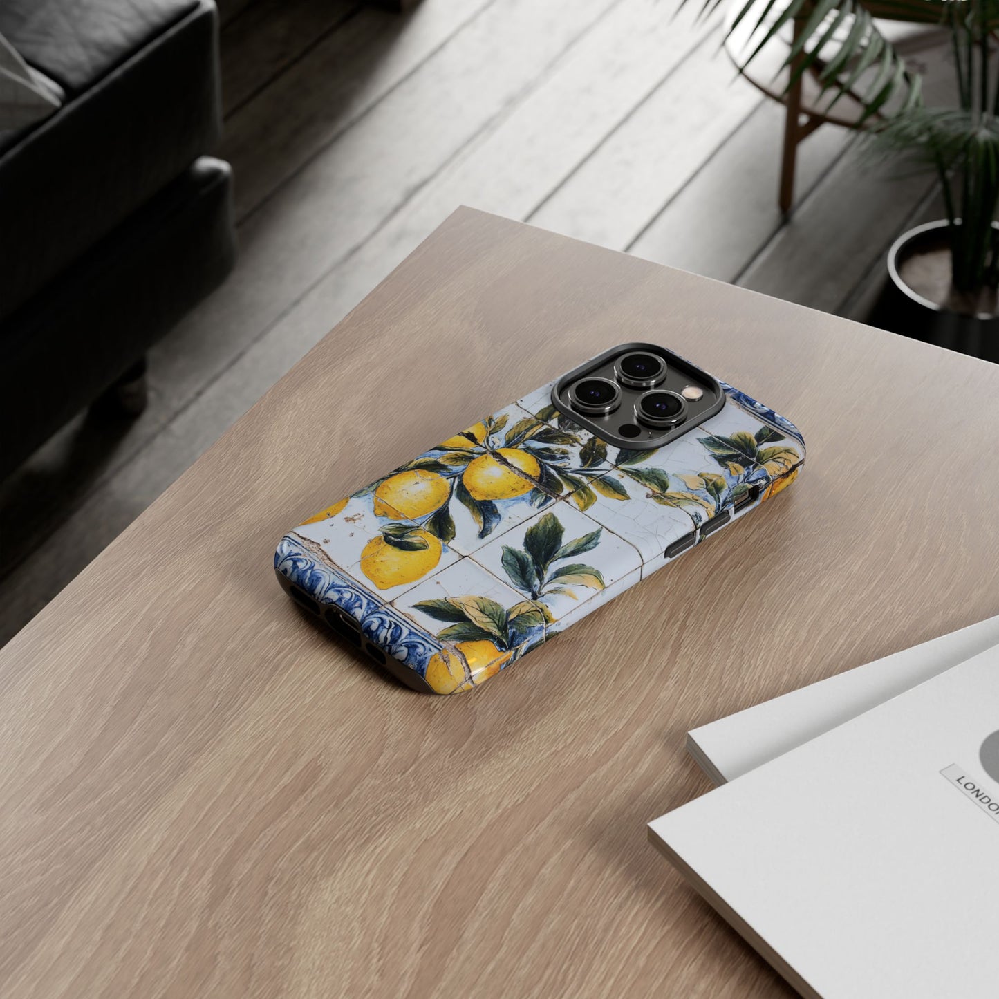 Phone Case, Coastal Tough Case With Lemons in Distressed Ceramic Tile Design, Protective Cover, Summer Accessory, Mediterranean Style iPhone