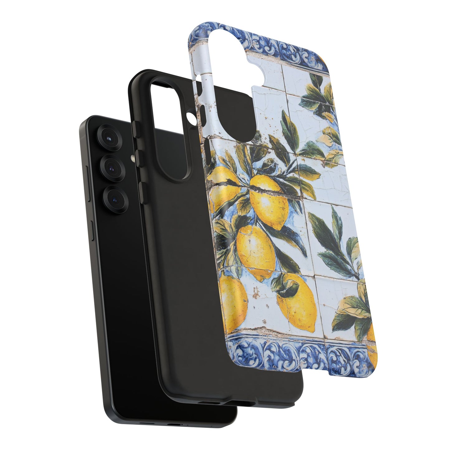 Phone Case, Coastal Tough Case With Lemons in Distressed Ceramic Tile Design, Protective Cover, Summer Accessory, Mediterranean Style iPhone