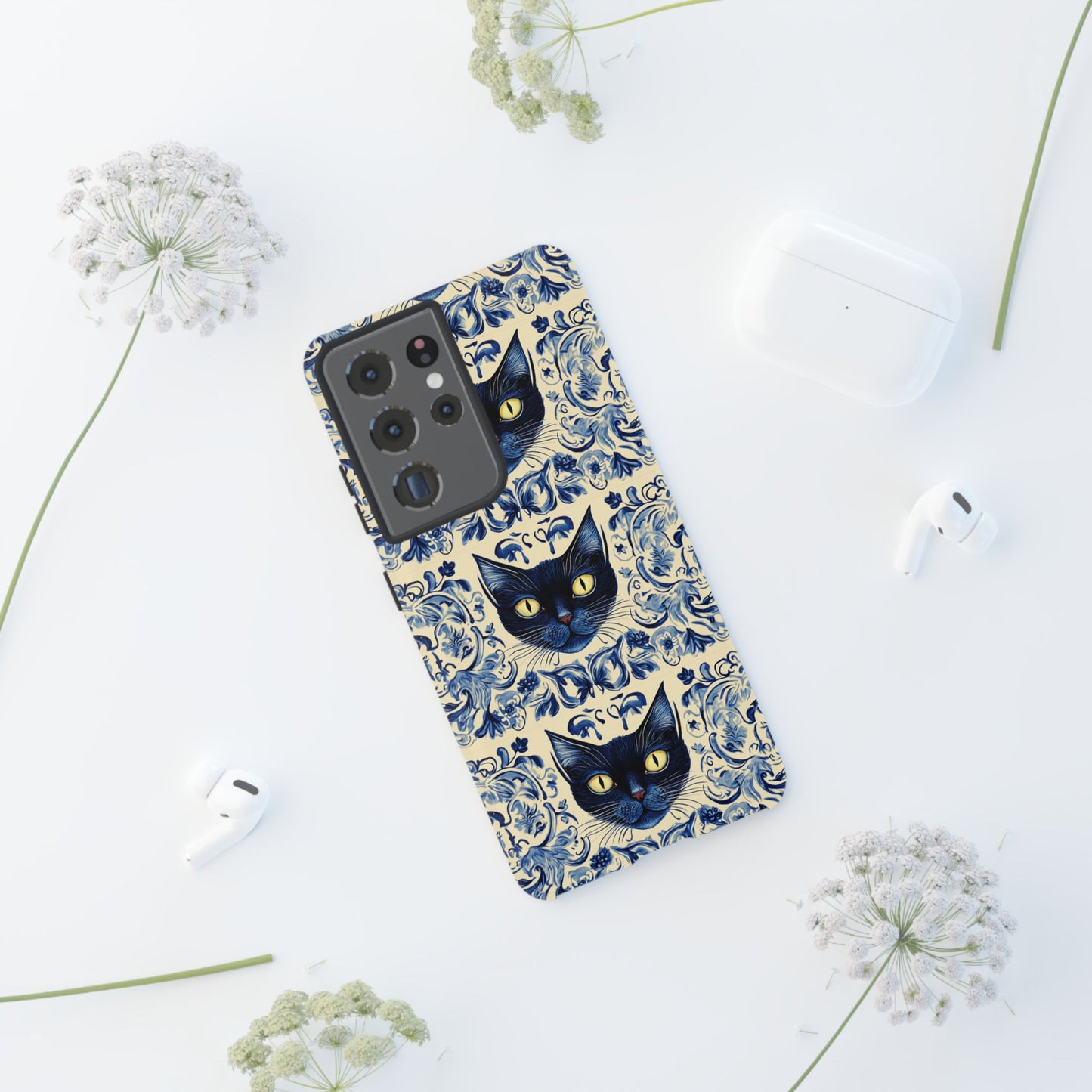 Tough Phone Case - Mediterranean Tile Motif With Blue Cats