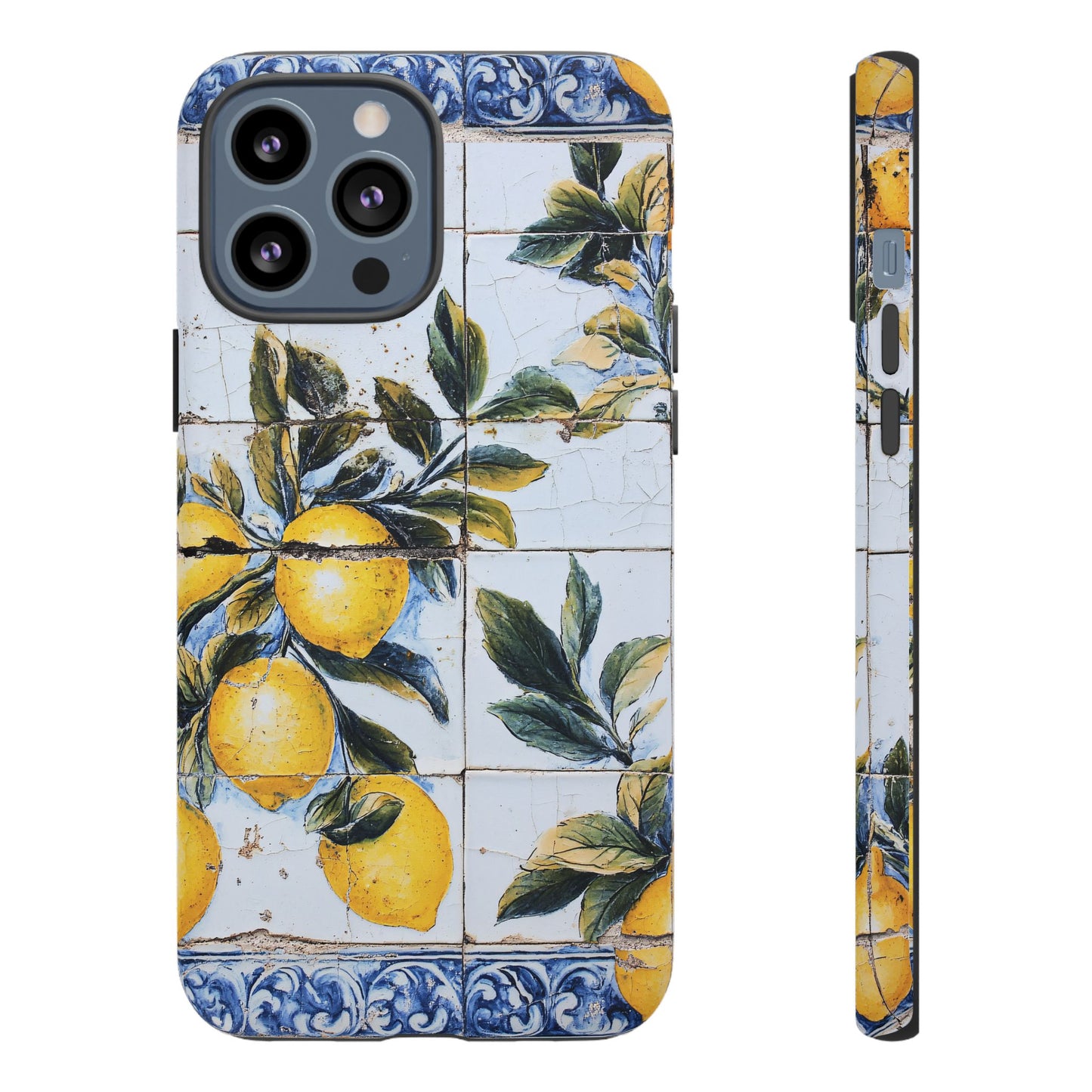 Phone Case, Coastal Tough Case With Lemons in Distressed Ceramic Tile Design, Protective Cover, Summer Accessory, Mediterranean Style iPhone