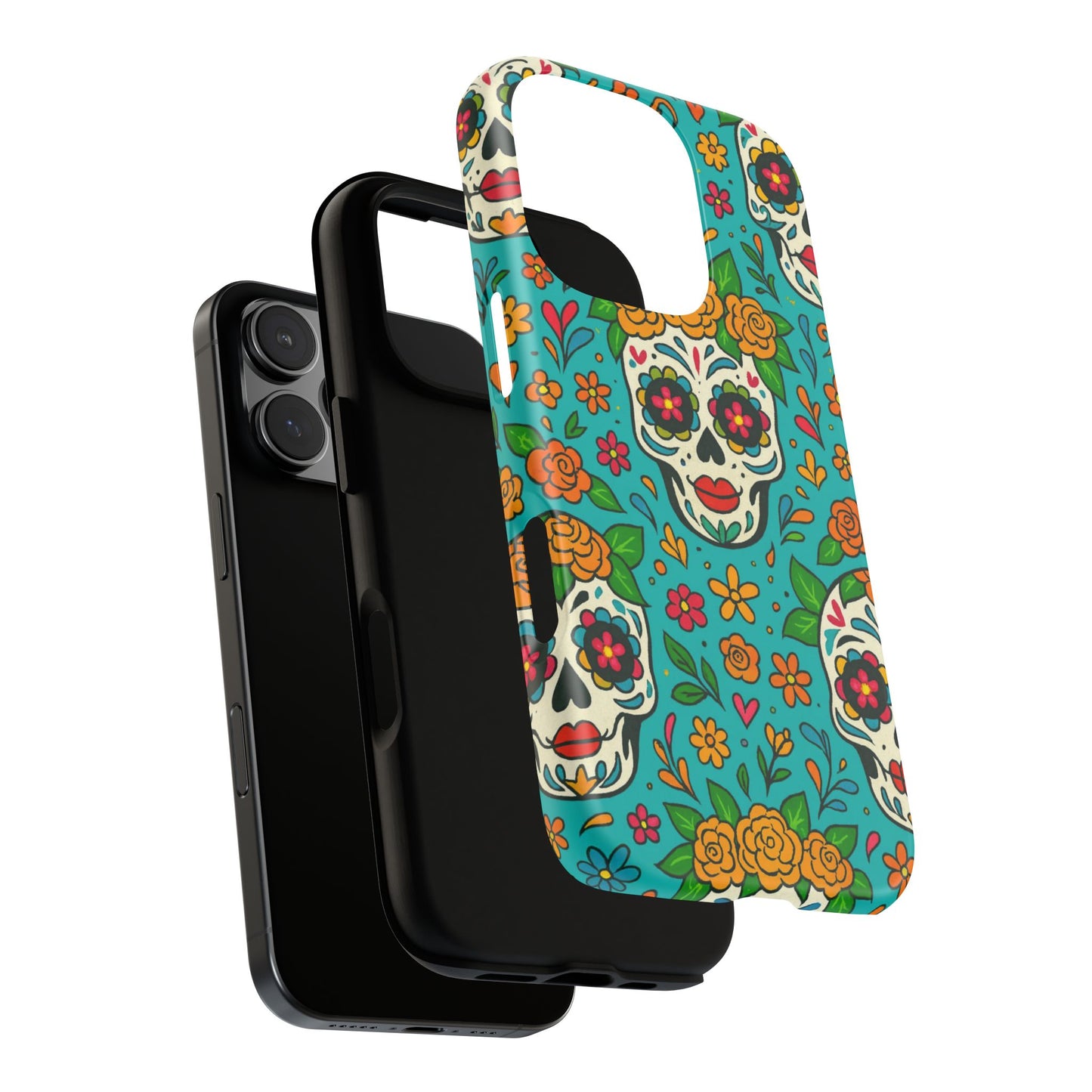 Teal Mexican Style Phone Cases With Floral Skulls - Dia De Los Muertos