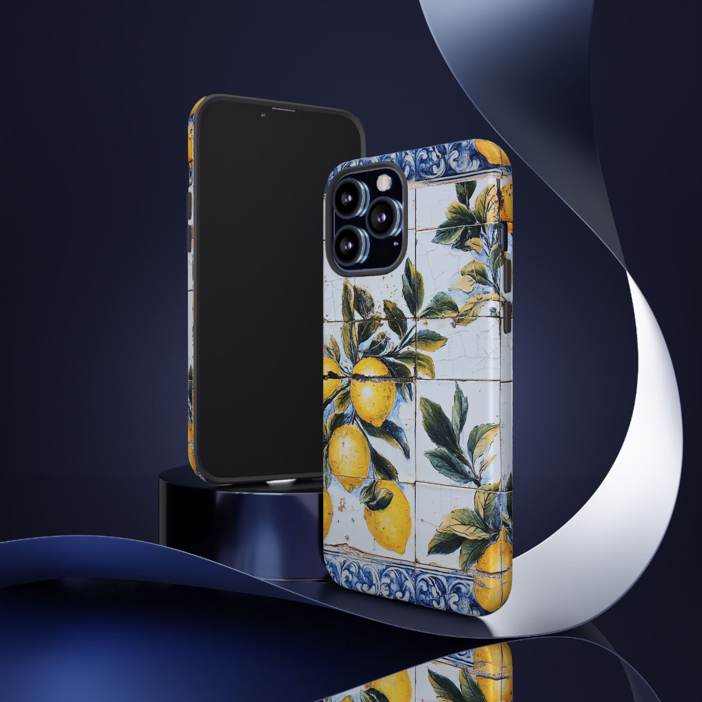 Phone Case, Coastal Tough Case With Lemons in Distressed Ceramic Tile Design, Protective Cover, Summer Accessory, Mediterranean Style iPhone