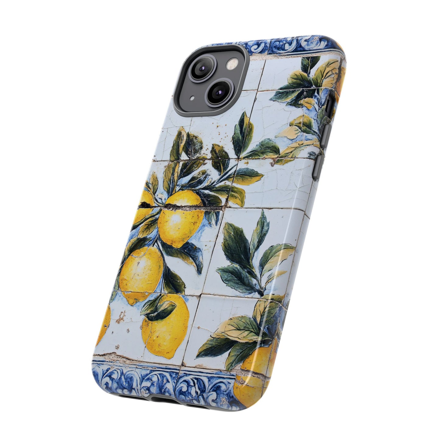 Phone Case, Coastal Tough Case With Lemons in Distressed Ceramic Tile Design, Protective Cover, Summer Accessory, Mediterranean Style iPhone
