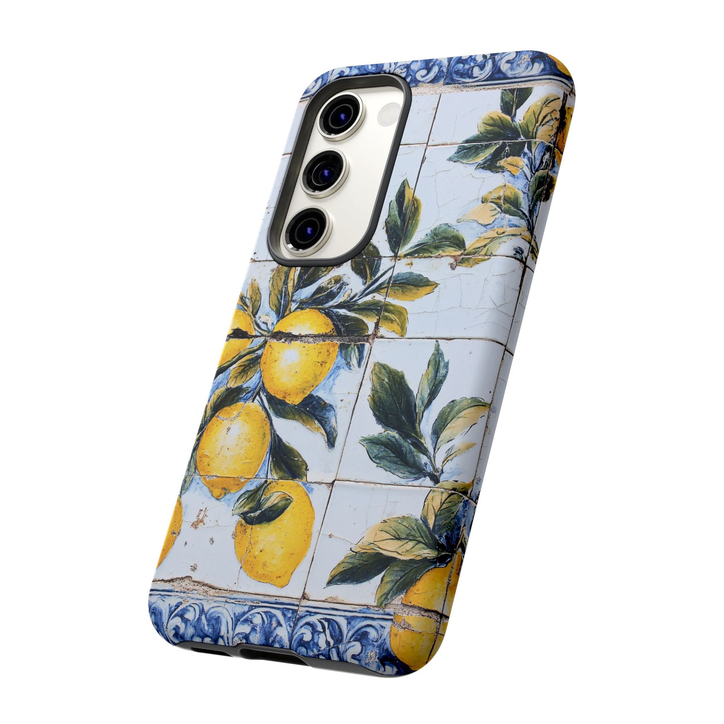 Phone Case, Coastal Tough Case With Lemons in Distressed Ceramic Tile Design, Protective Cover, Summer Accessory, Mediterranean Style iPhone