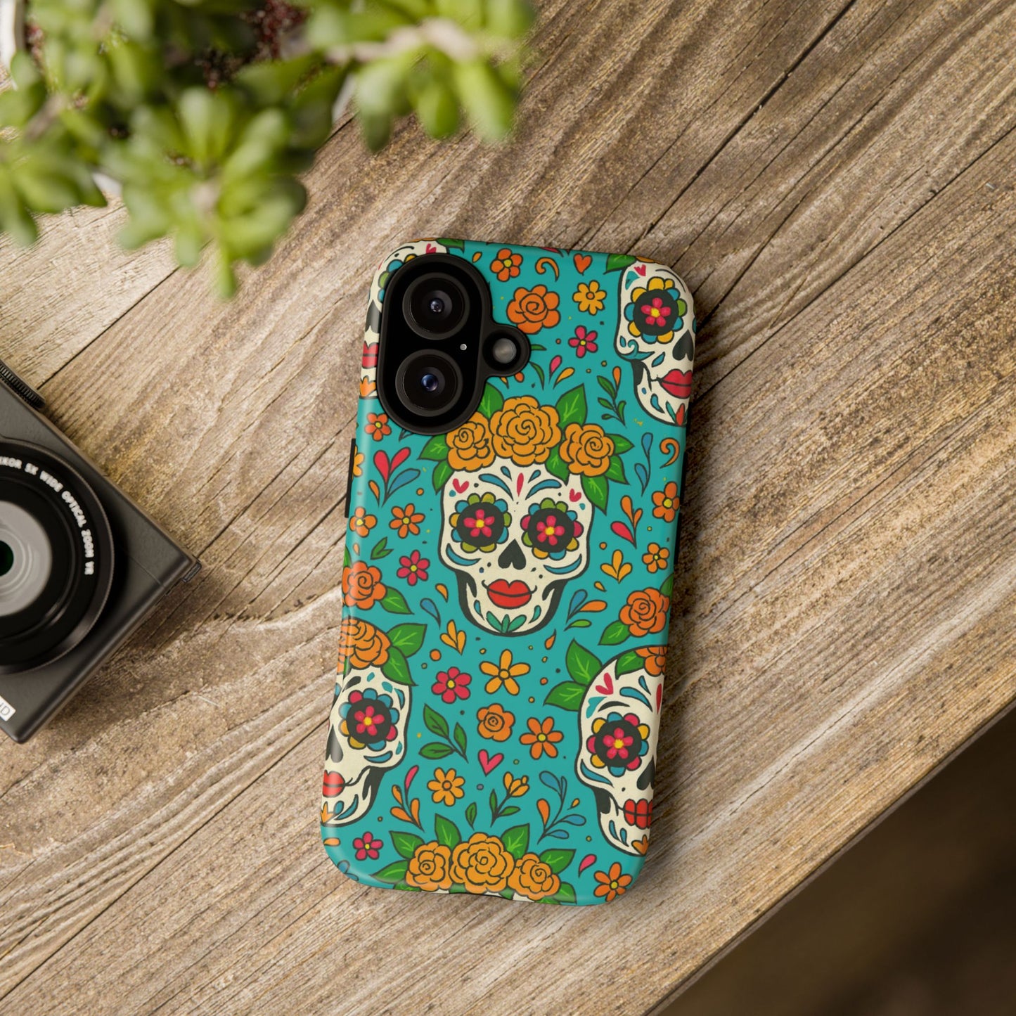 Teal Mexican Style Phone Cases With Floral Skulls - Dia De Los Muertos