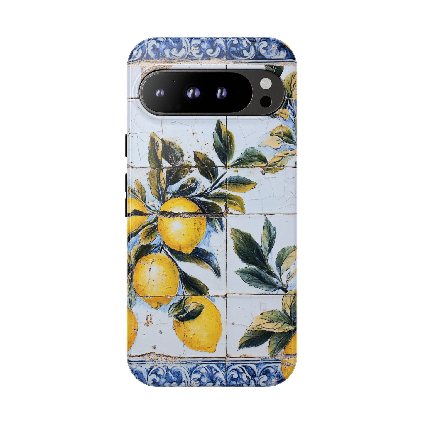 Phone Case, Coastal Tough Case With Lemons in Distressed Ceramic Tile Design, Protective Cover, Summer Accessory, Mediterranean Style iPhone