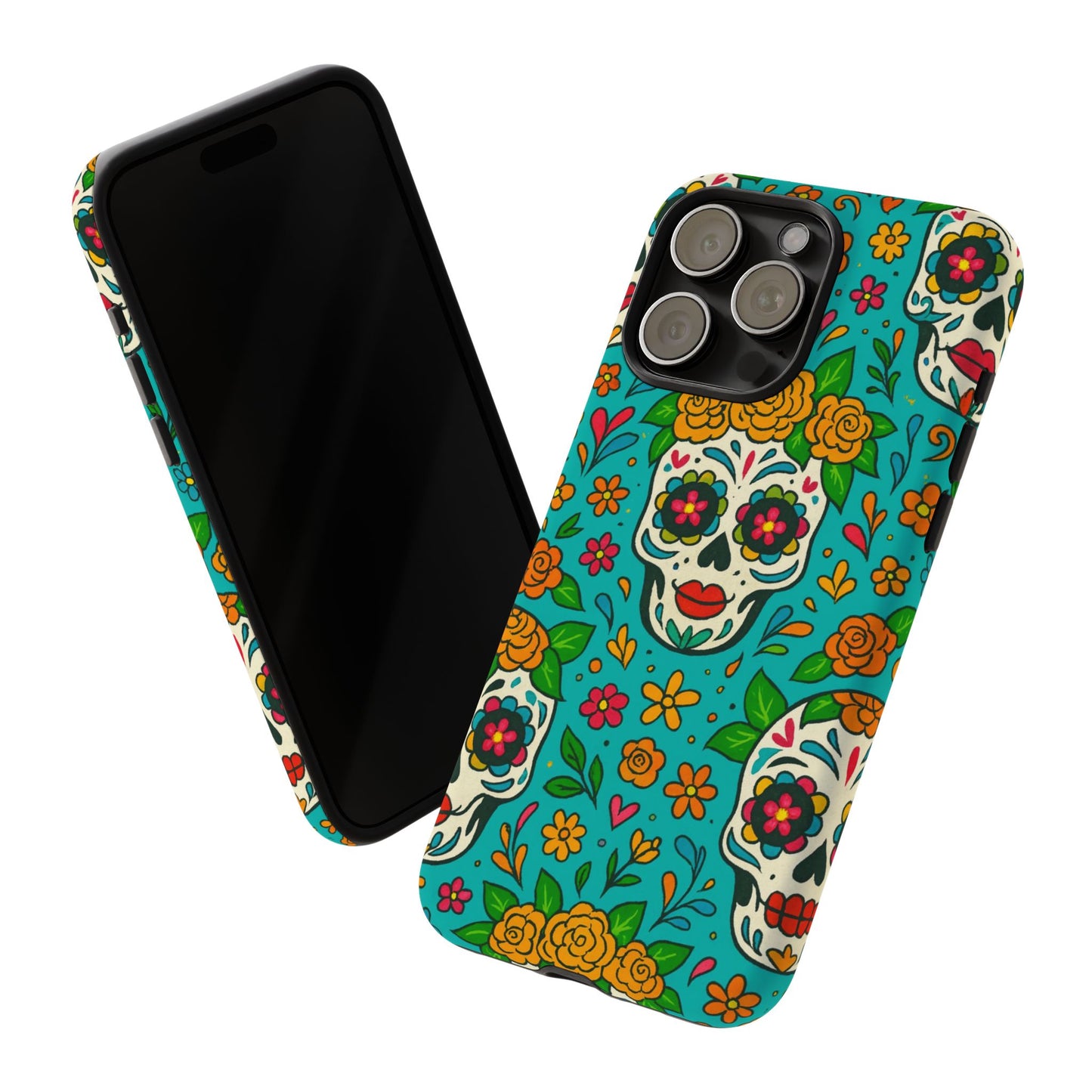 Teal Mexican Style Phone Cases With Floral Skulls - Dia De Los Muertos