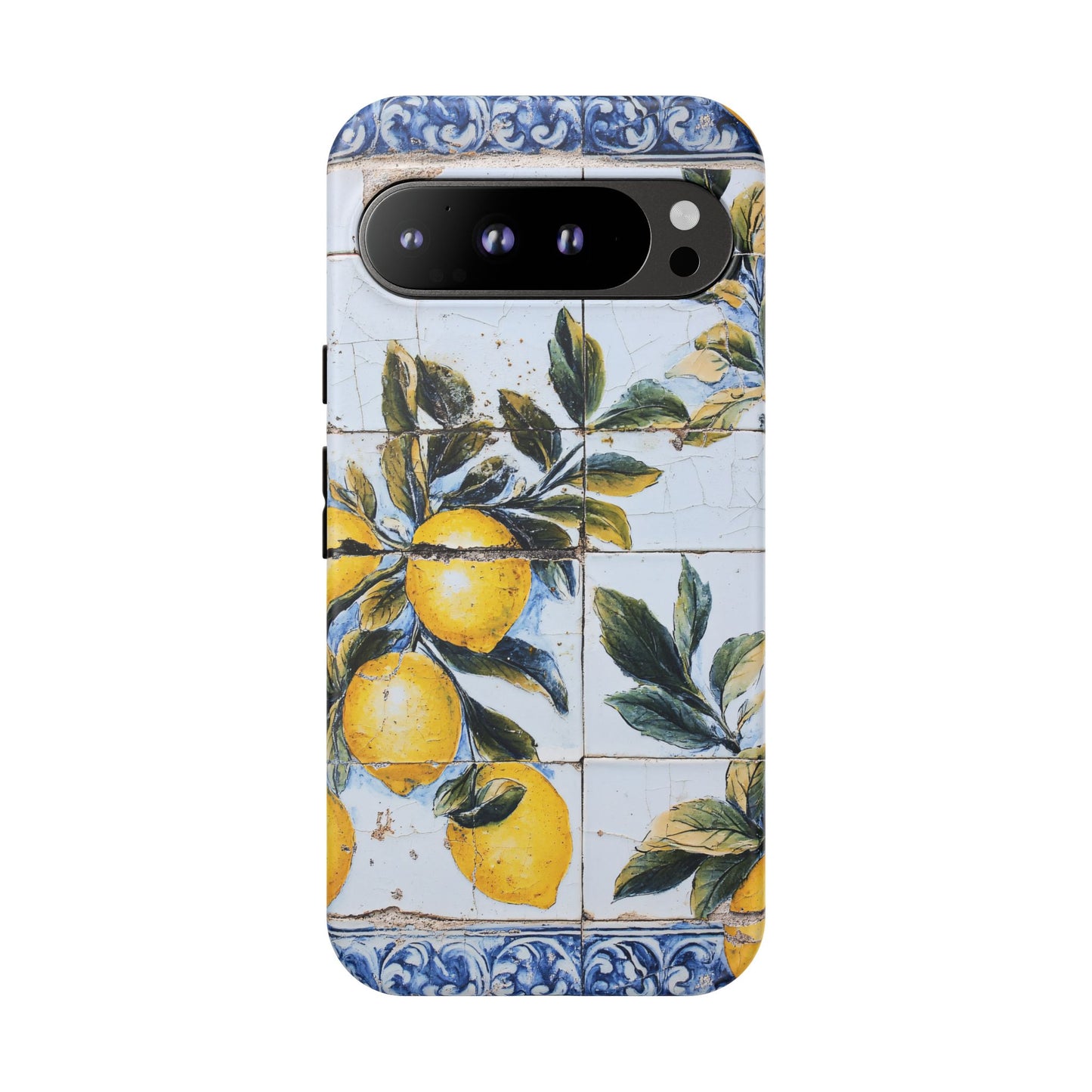 Phone Case, Coastal Tough Case With Lemons in Distressed Ceramic Tile Design, Protective Cover, Summer Accessory, Mediterranean Style iPhone