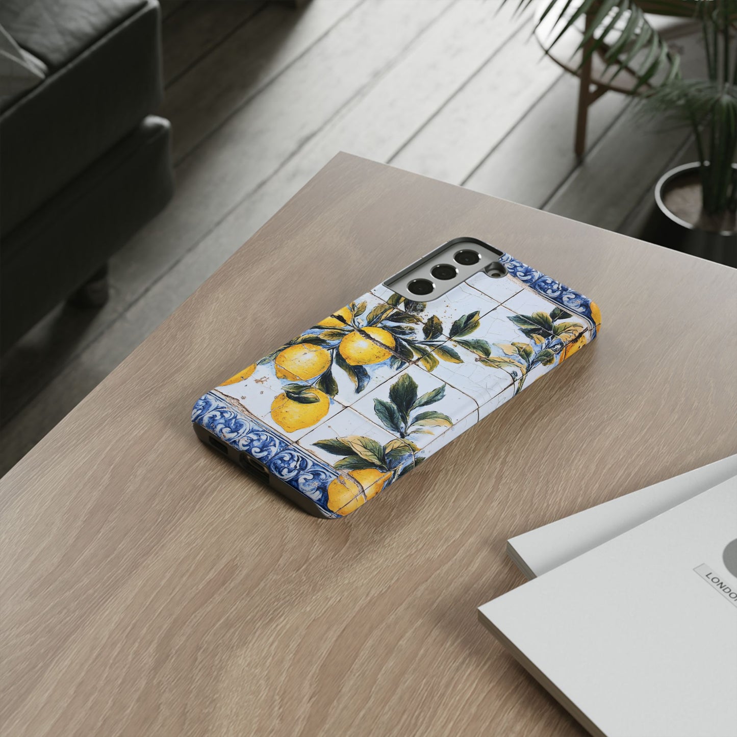 Phone Case, Coastal Tough Case With Lemons in Distressed Ceramic Tile Design, Protective Cover, Summer Accessory, Mediterranean Style iPhone