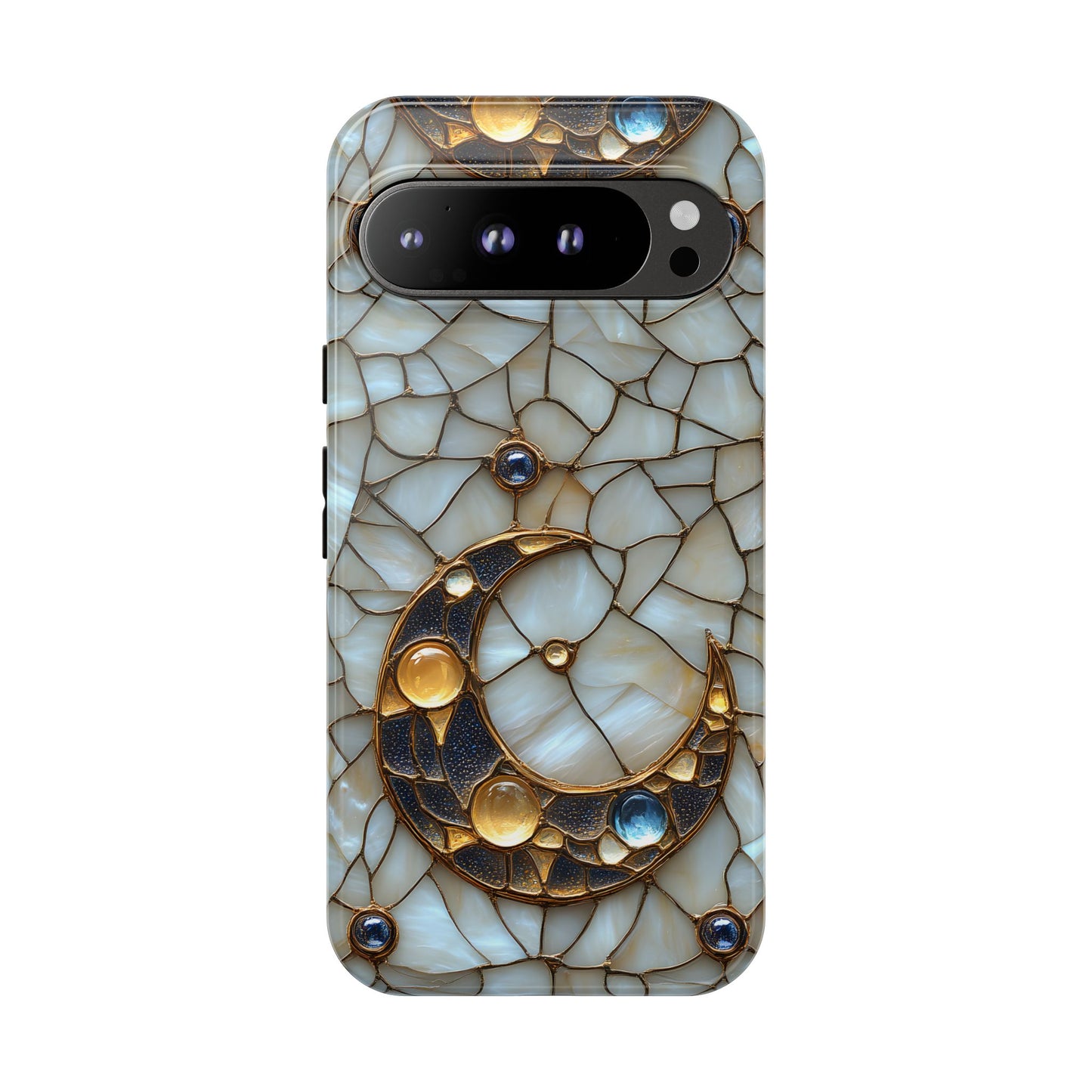 Celestial Phone Case - White Stained Glass & Gold Crescent Moon Print