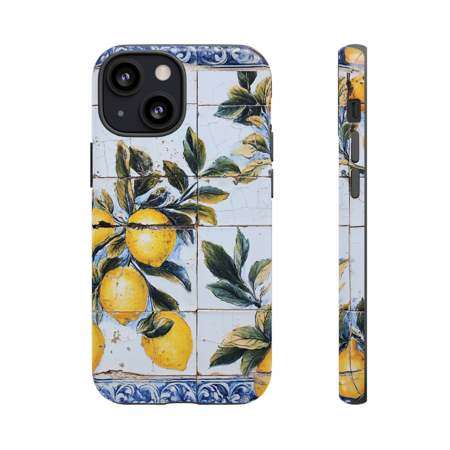 Phone Case, Coastal Tough Case With Lemons in Distressed Ceramic Tile Design, Protective Cover, Summer Accessory, Mediterranean Style iPhone