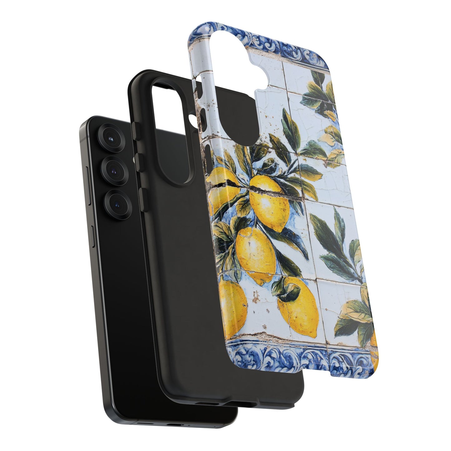 Phone Case, Coastal Tough Case With Lemons in Distressed Ceramic Tile Design, Protective Cover, Summer Accessory, Mediterranean Style iPhone
