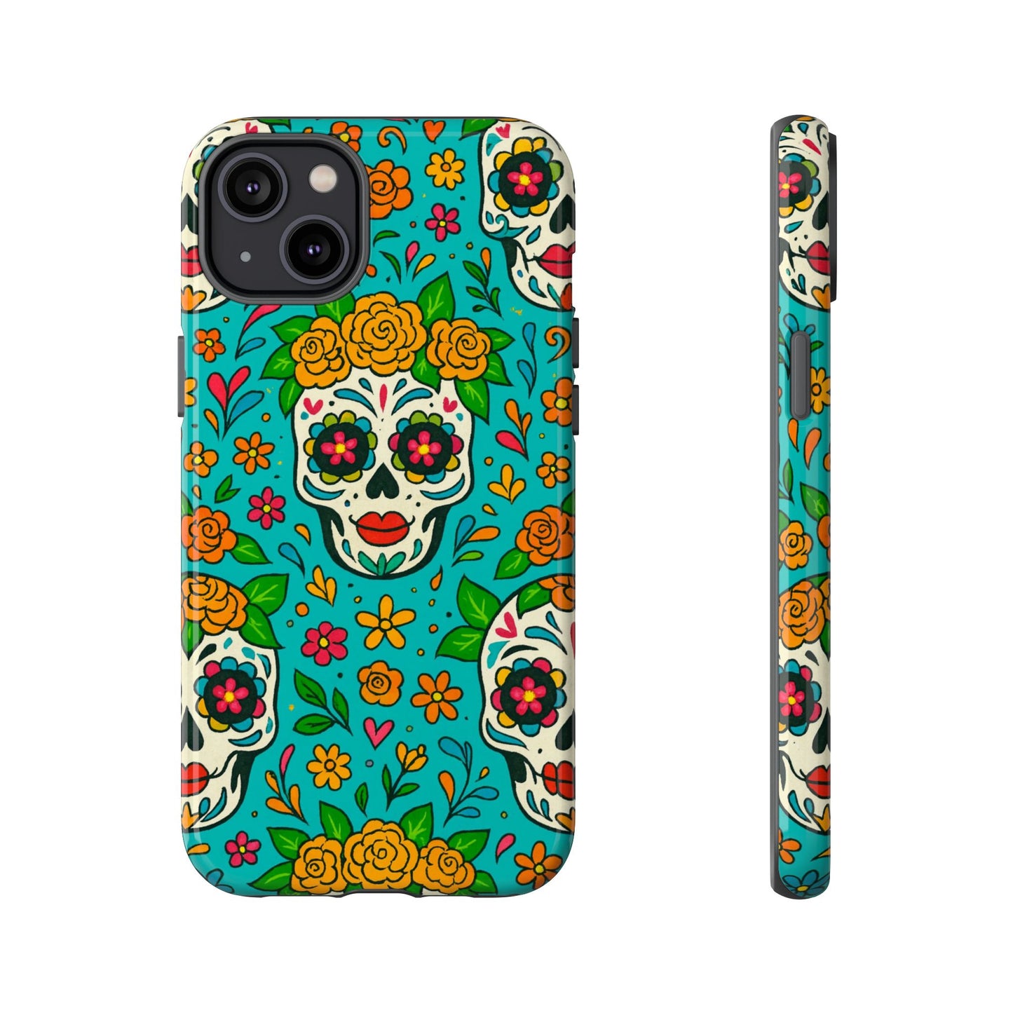 Teal Mexican Style Phone Cases With Floral Skulls - Dia De Los Muertos