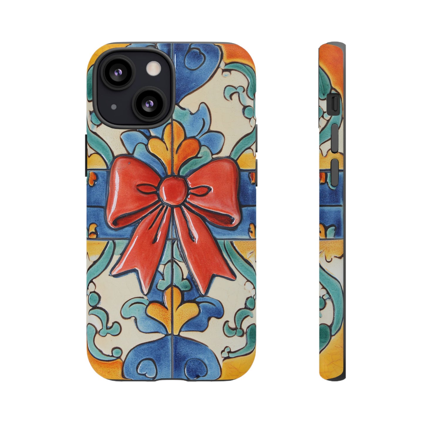 Colourful Ceramic Tile Design Phone Case With Red Bow