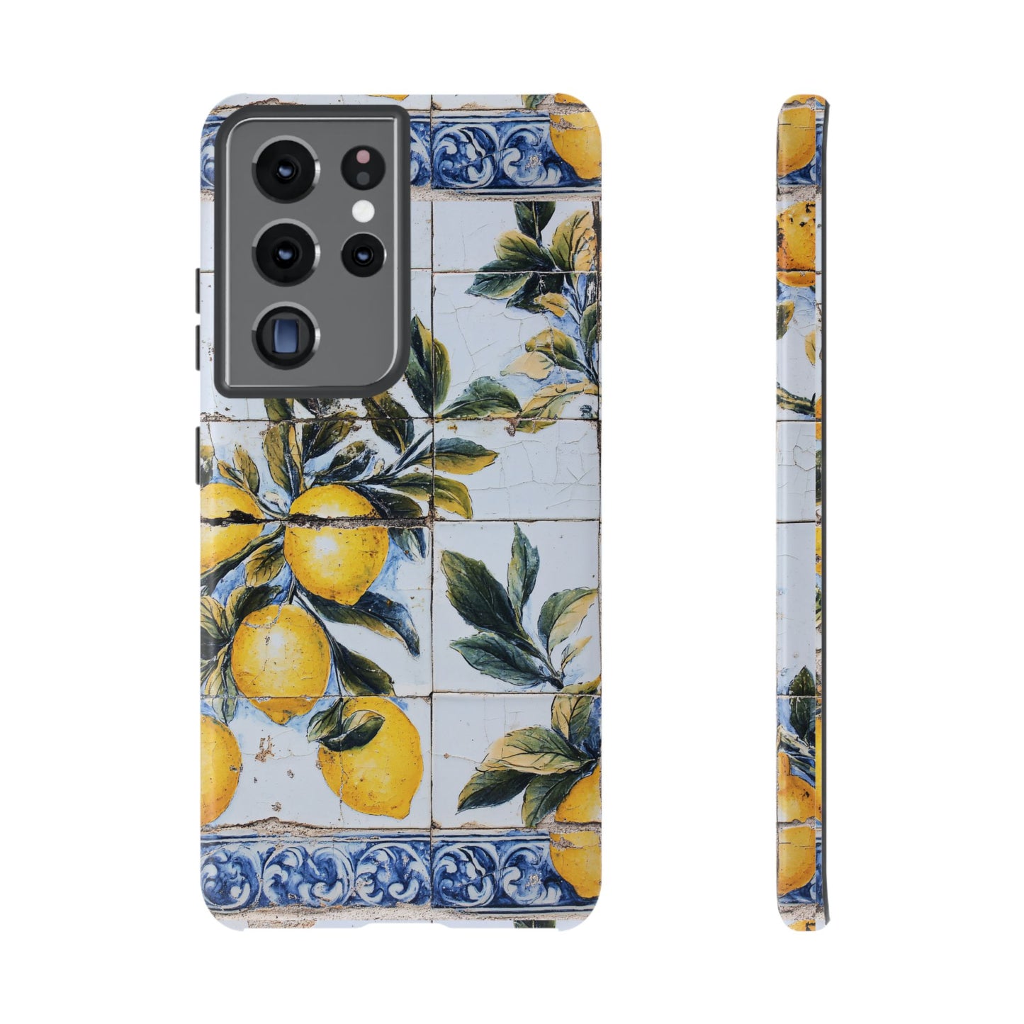 Phone Case, Coastal Tough Case With Lemons in Distressed Ceramic Tile Design, Protective Cover, Summer Accessory, Mediterranean Style iPhone