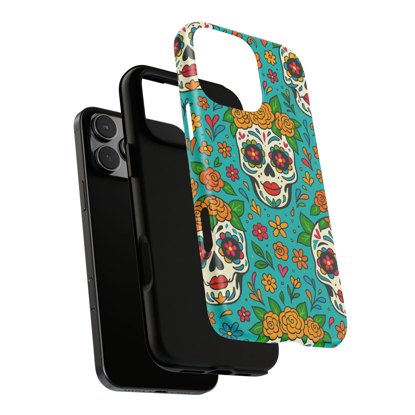 Teal Mexican Style Phone Cases With Floral Skulls - Dia De Los Muertos
