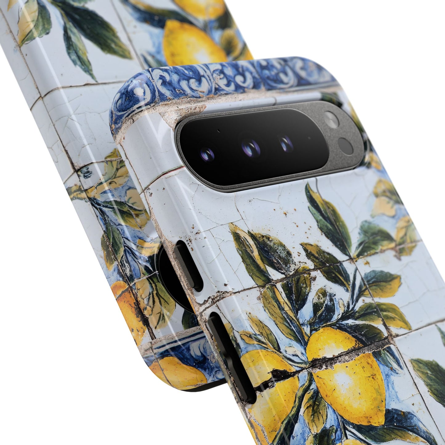 Phone Case, Coastal Tough Case With Lemons in Distressed Ceramic Tile Design, Protective Cover, Summer Accessory, Mediterranean Style iPhone