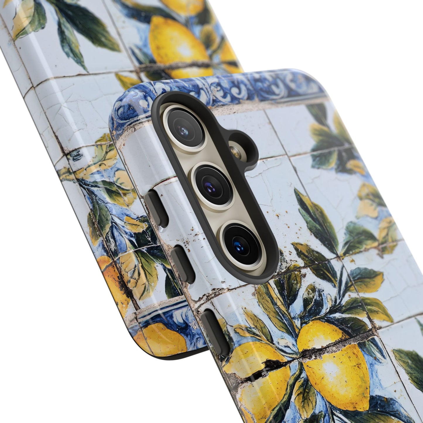 Phone Case, Coastal Tough Case With Lemons in Distressed Ceramic Tile Design, Protective Cover, Summer Accessory, Mediterranean Style iPhone