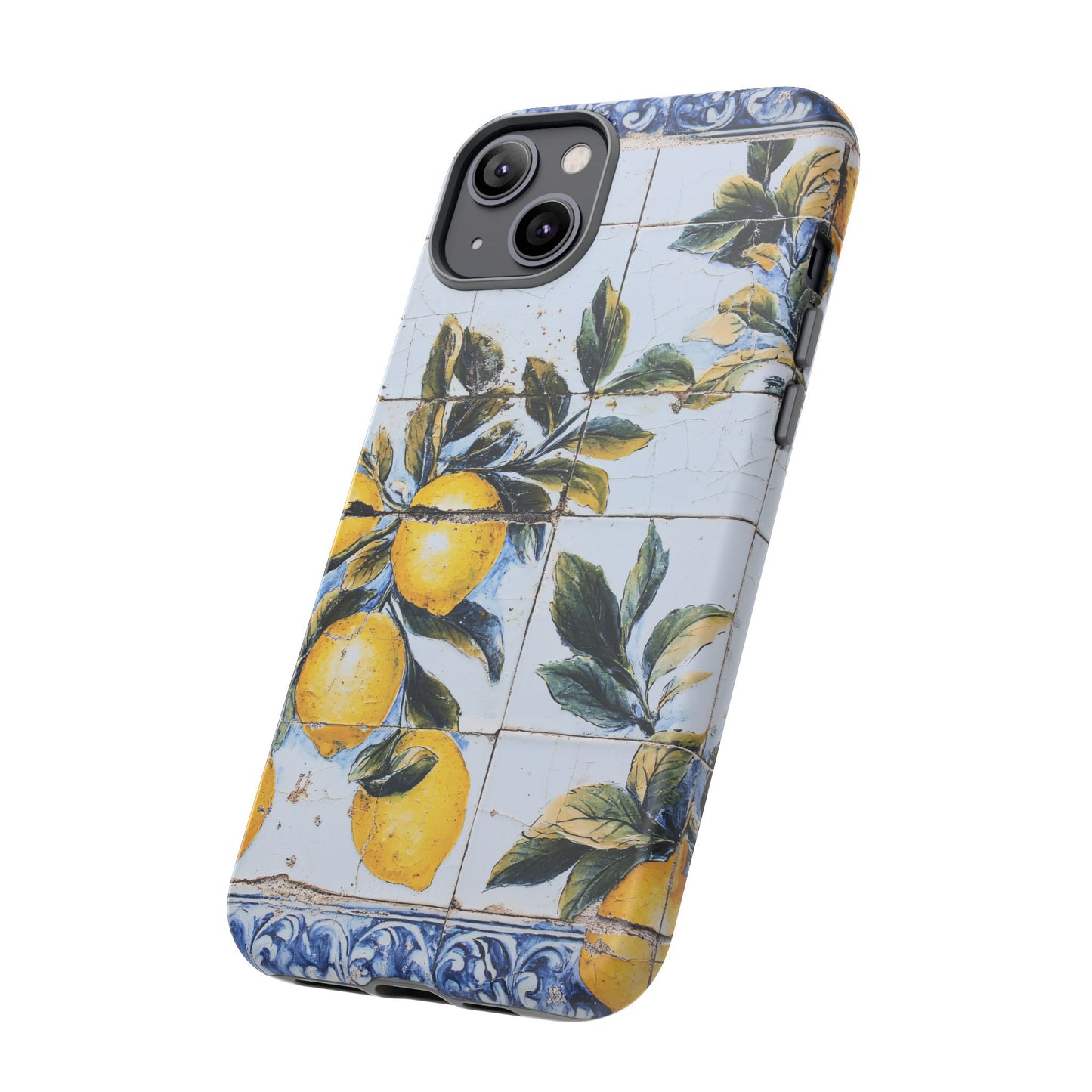 Phone Case, Coastal Tough Case With Lemons in Distressed Ceramic Tile Design, Protective Cover, Summer Accessory, Mediterranean Style iPhone