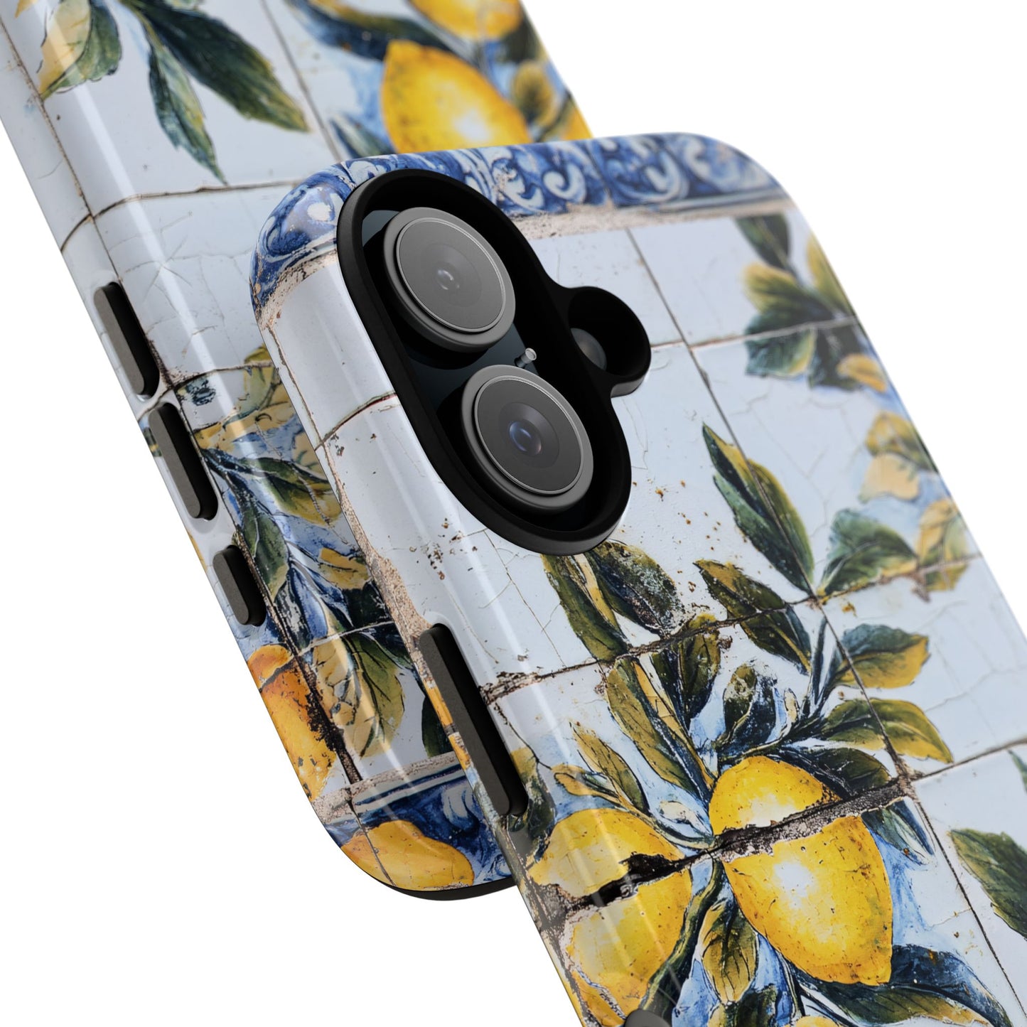 Phone Case, Coastal Tough Case With Lemons in Distressed Ceramic Tile Design, Protective Cover, Summer Accessory, Mediterranean Style iPhone