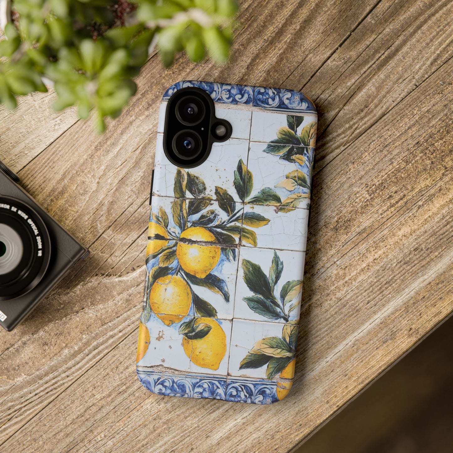 Phone Case, Coastal Tough Case With Lemons in Distressed Ceramic Tile Design, Protective Cover, Summer Accessory, Mediterranean Style iPhone
