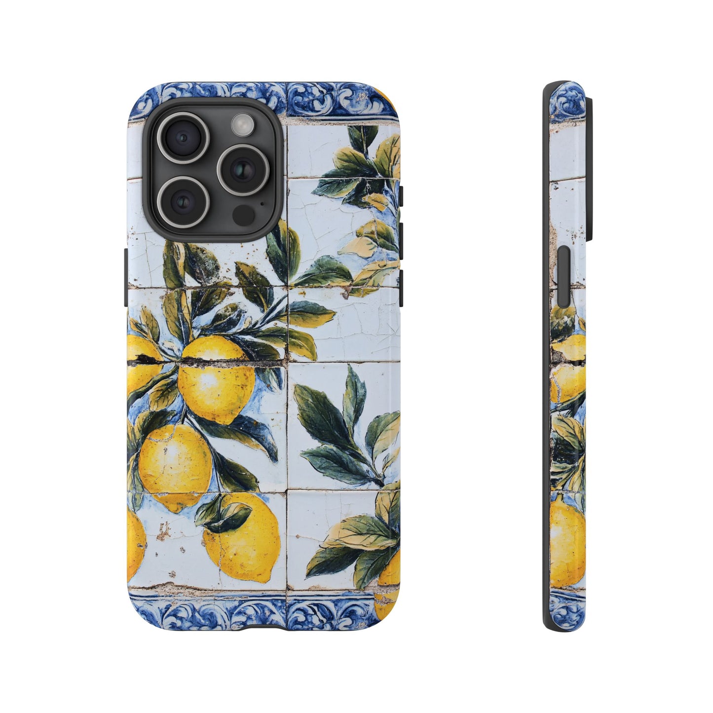 Phone Case, Coastal Tough Case With Lemons in Distressed Ceramic Tile Design, Protective Cover, Summer Accessory, Mediterranean Style iPhone