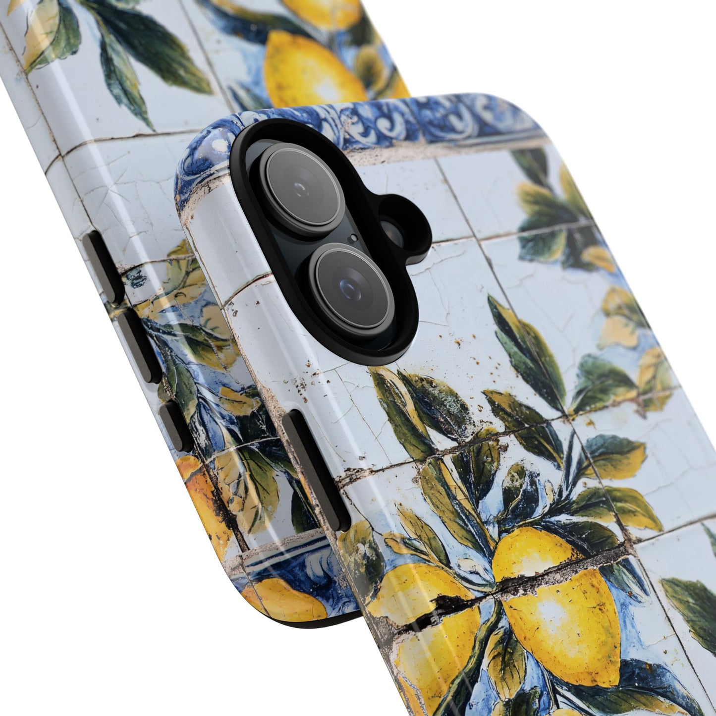 Phone Case, Coastal Tough Case With Lemons in Distressed Ceramic Tile Design, Protective Cover, Summer Accessory, Mediterranean Style iPhone