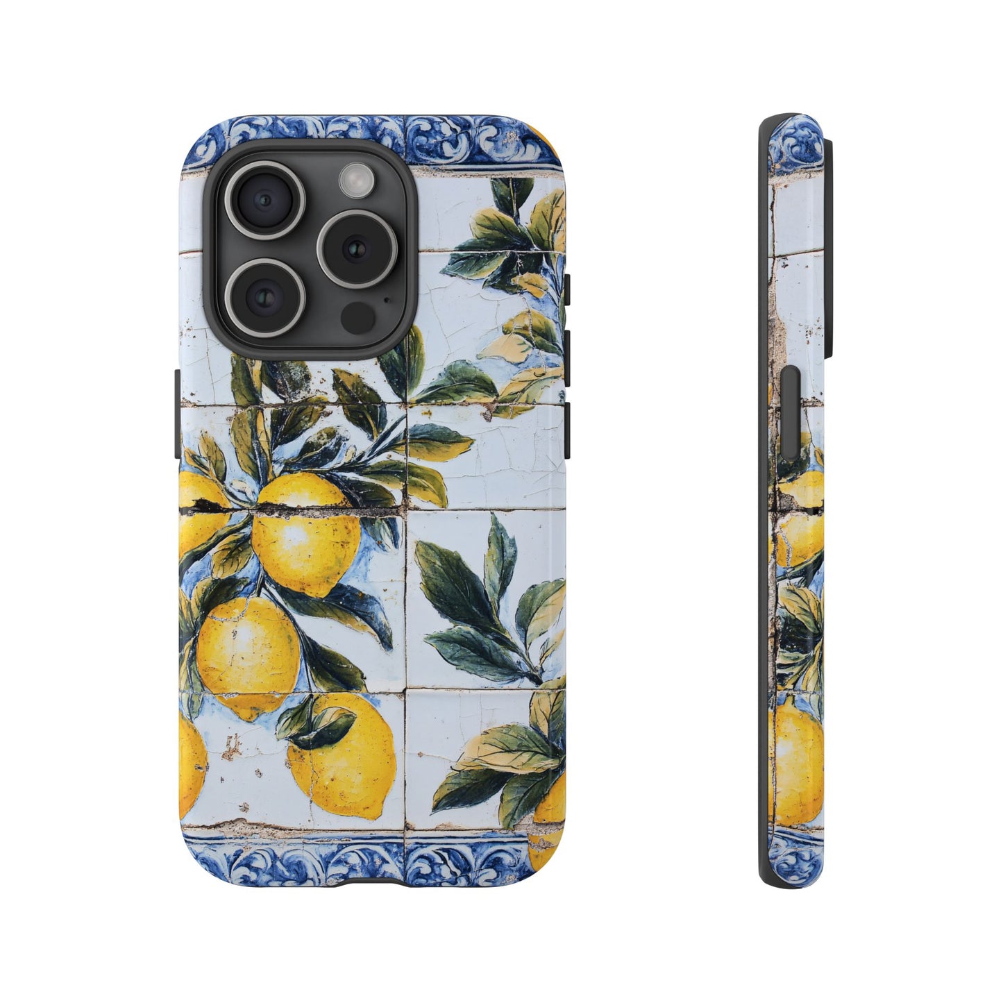 Phone Case, Coastal Tough Case With Lemons in Distressed Ceramic Tile Design, Protective Cover, Summer Accessory, Mediterranean Style iPhone