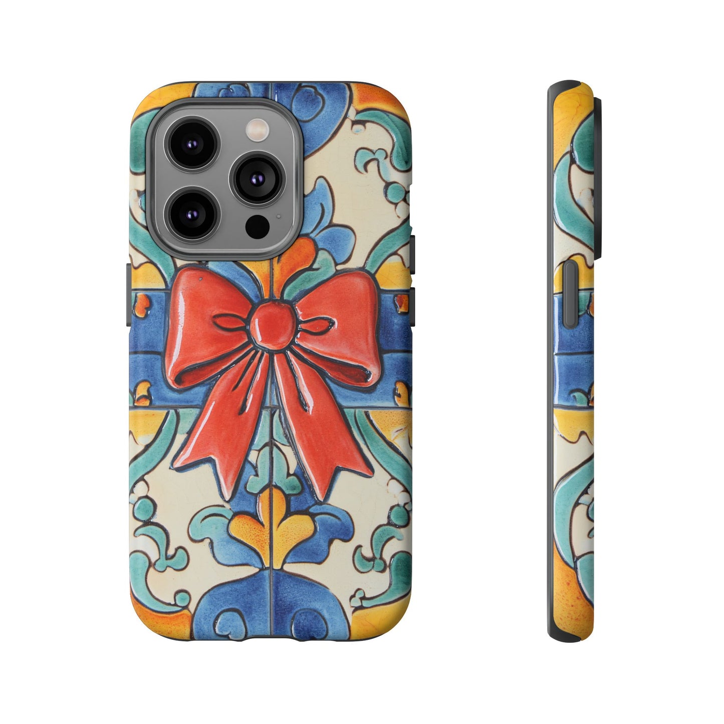 Colourful Ceramic Tile Design Phone Case With Red Bow