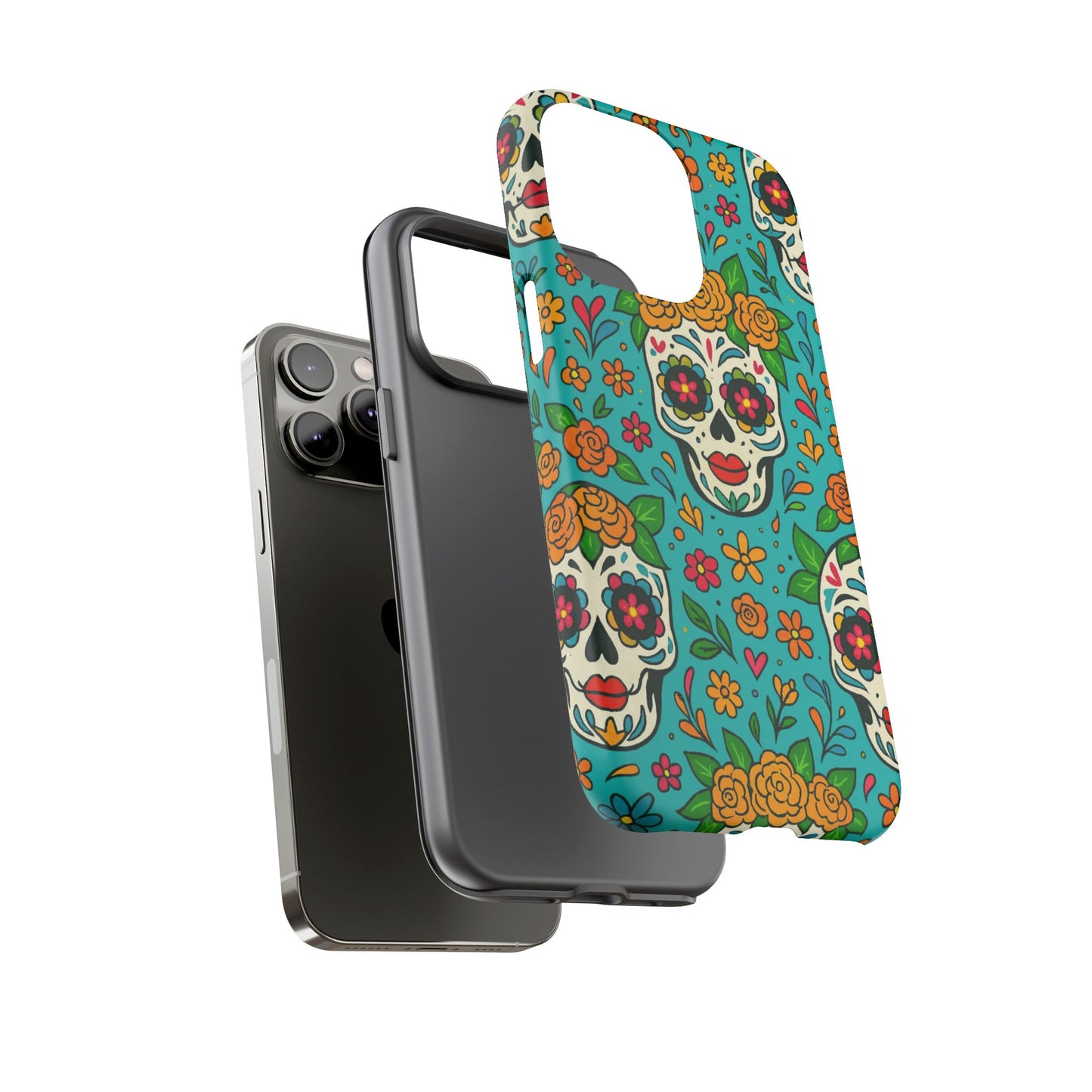Teal Mexican Style Phone Cases With Floral Skulls - Dia De Los Muertos