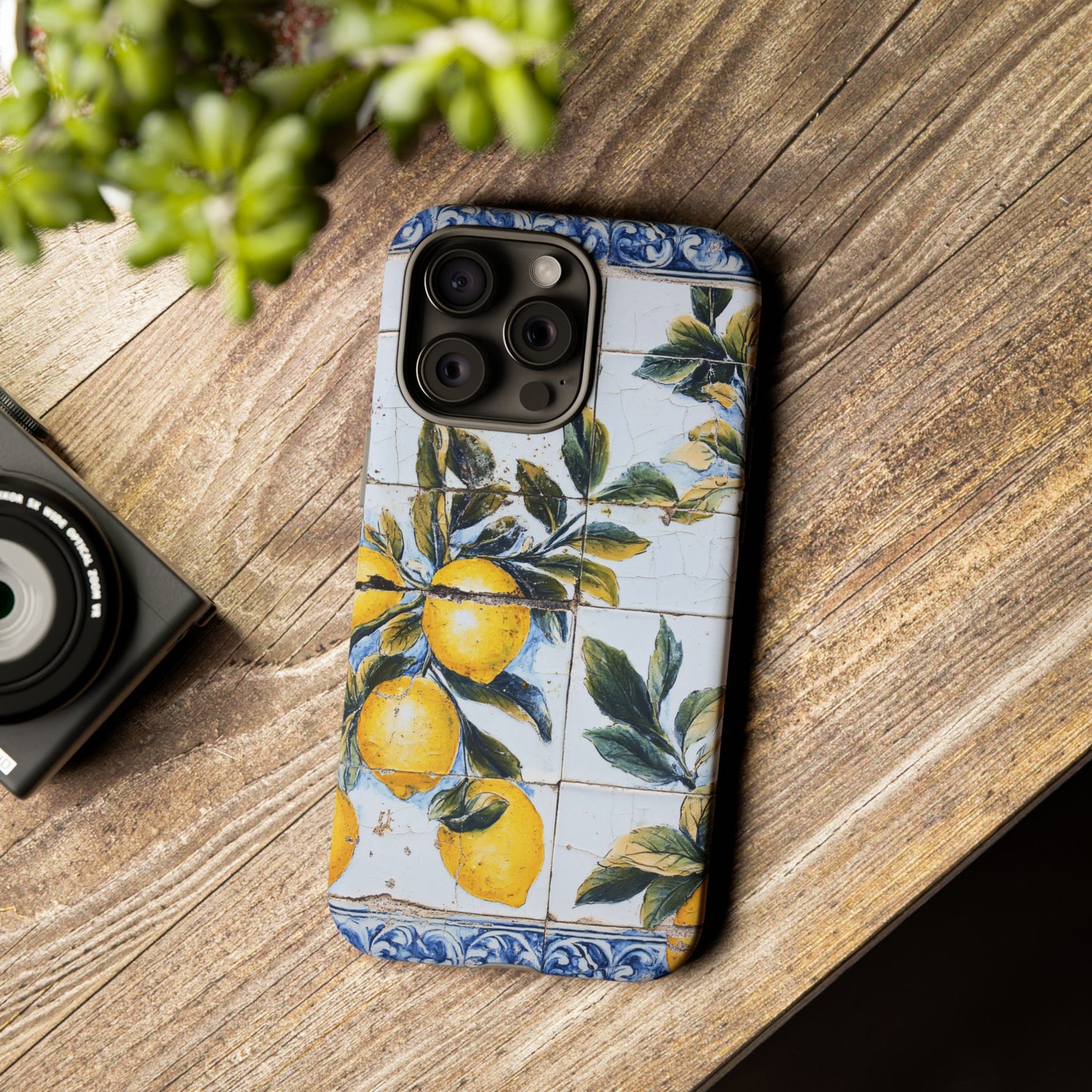 Phone Case, Coastal Tough Case With Lemons in Distressed Ceramic Tile Design, Protective Cover, Summer Accessory, Mediterranean Style iPhone