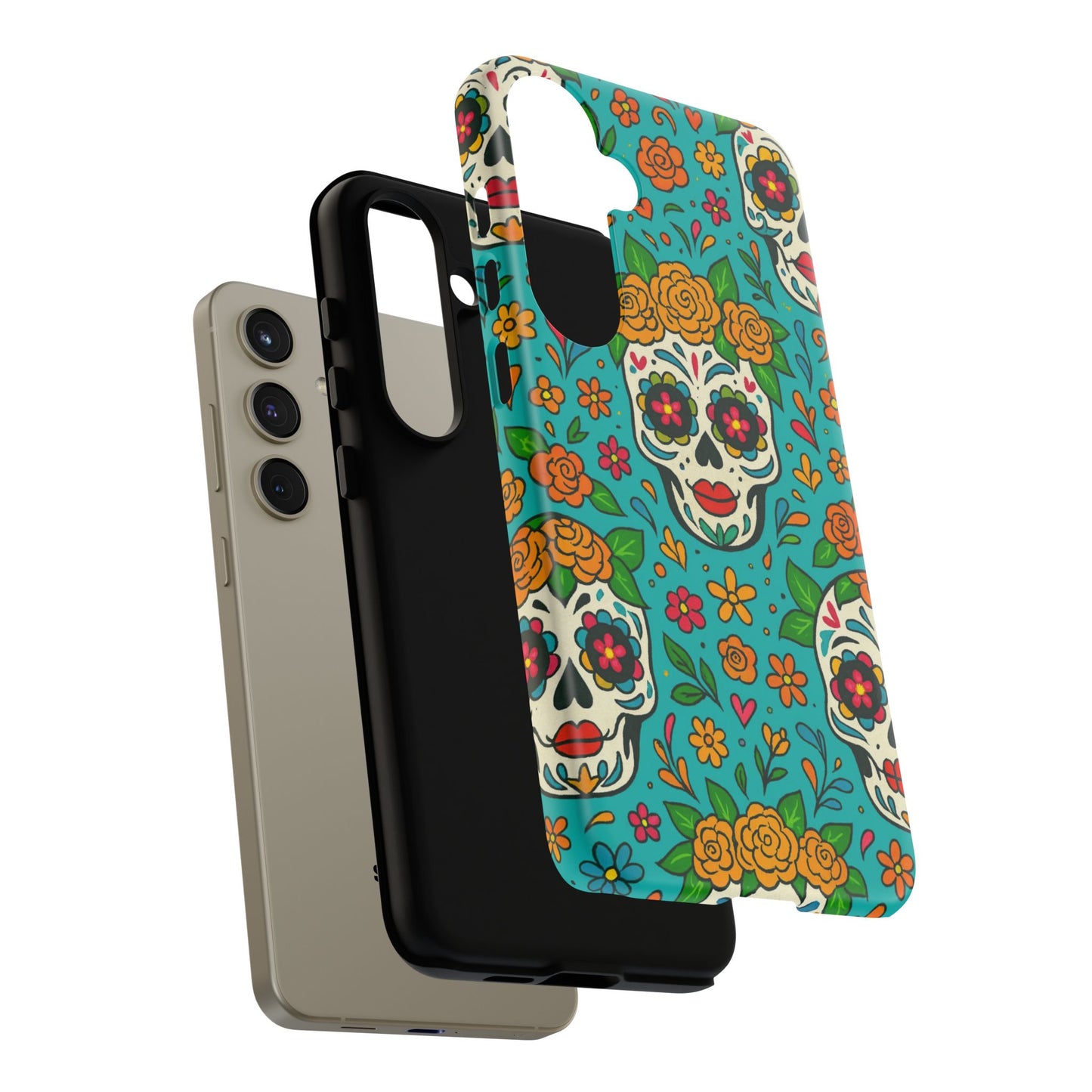 Teal Mexican Style Phone Cases With Floral Skulls - Dia De Los Muertos