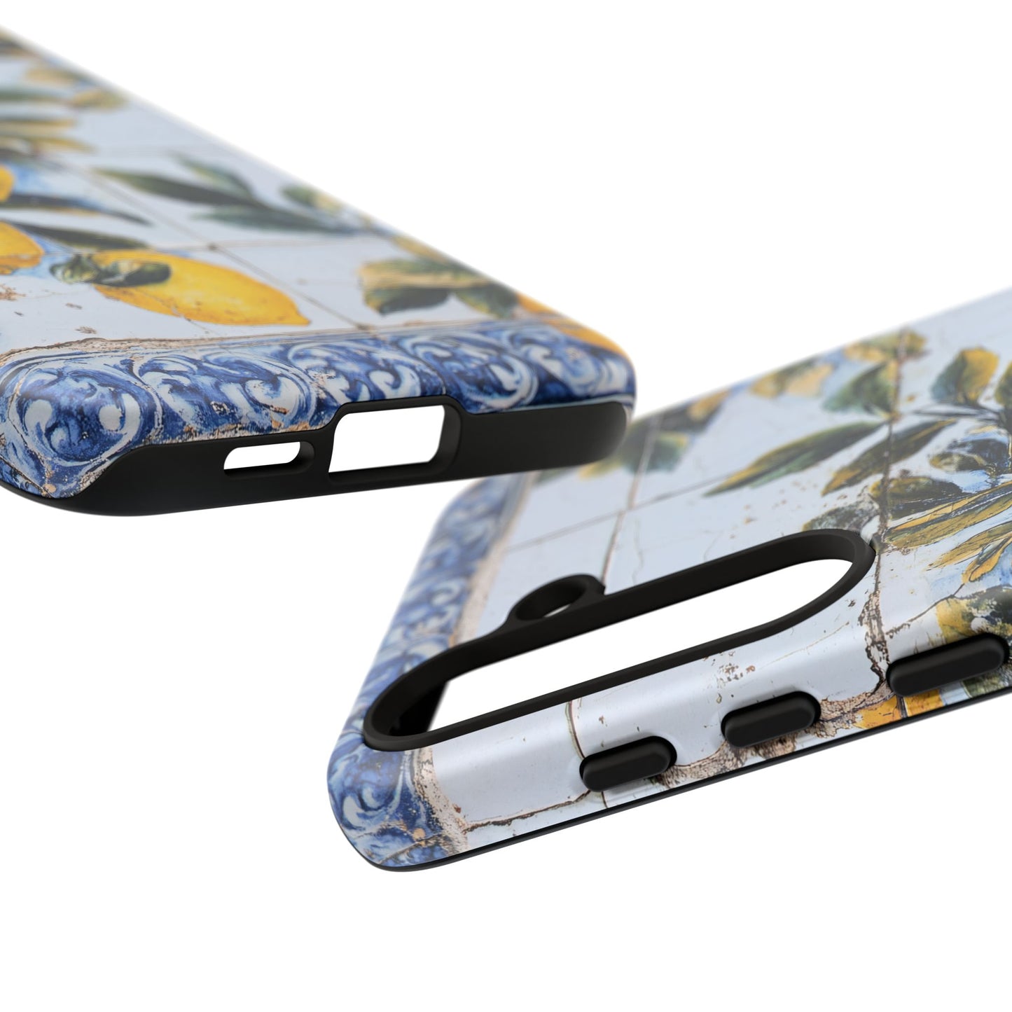Phone Case, Coastal Tough Case With Lemons in Distressed Ceramic Tile Design, Protective Cover, Summer Accessory, Mediterranean Style iPhone
