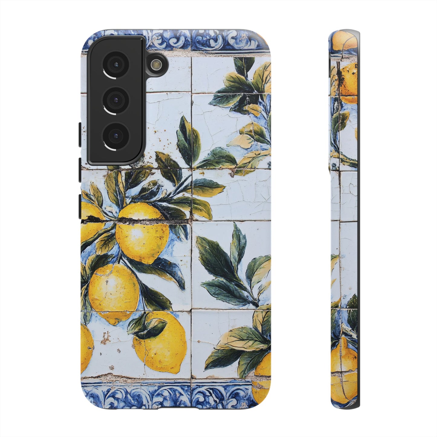 Phone Case, Coastal Tough Case With Lemons in Distressed Ceramic Tile Design, Protective Cover, Summer Accessory, Mediterranean Style iPhone