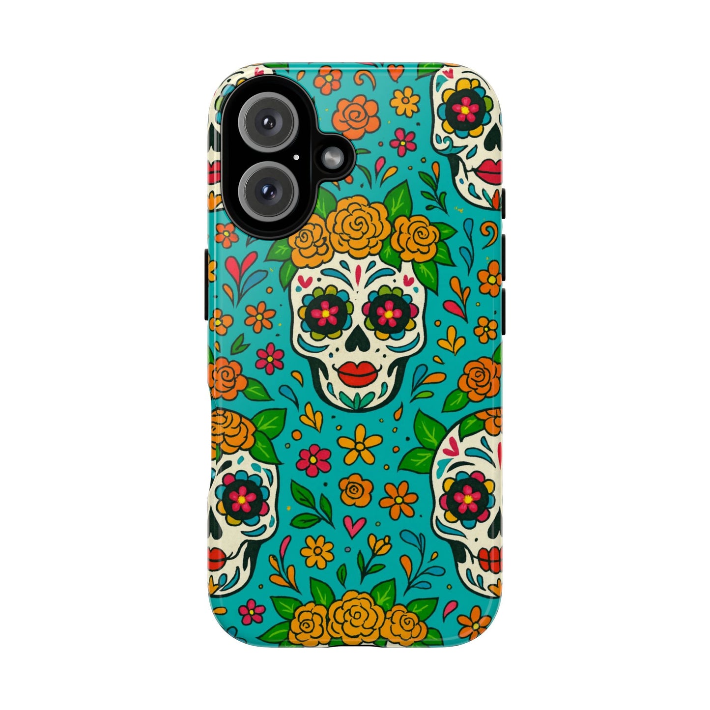 Teal Mexican Style Phone Cases With Floral Skulls - Dia De Los Muertos